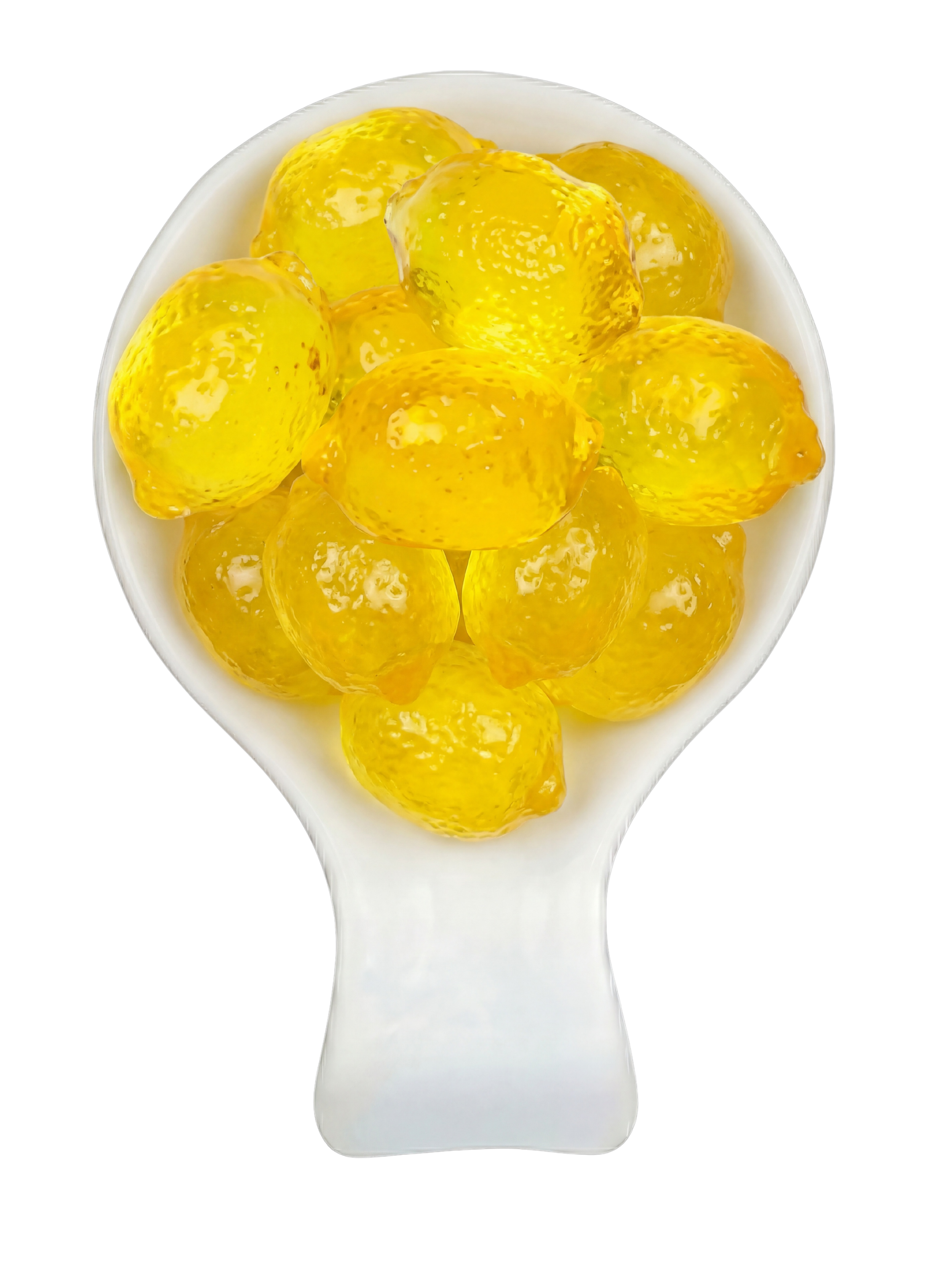 A white ceramic spoon filled with yellow lemon-flavored jelly or candy in a white bowl against a black background.