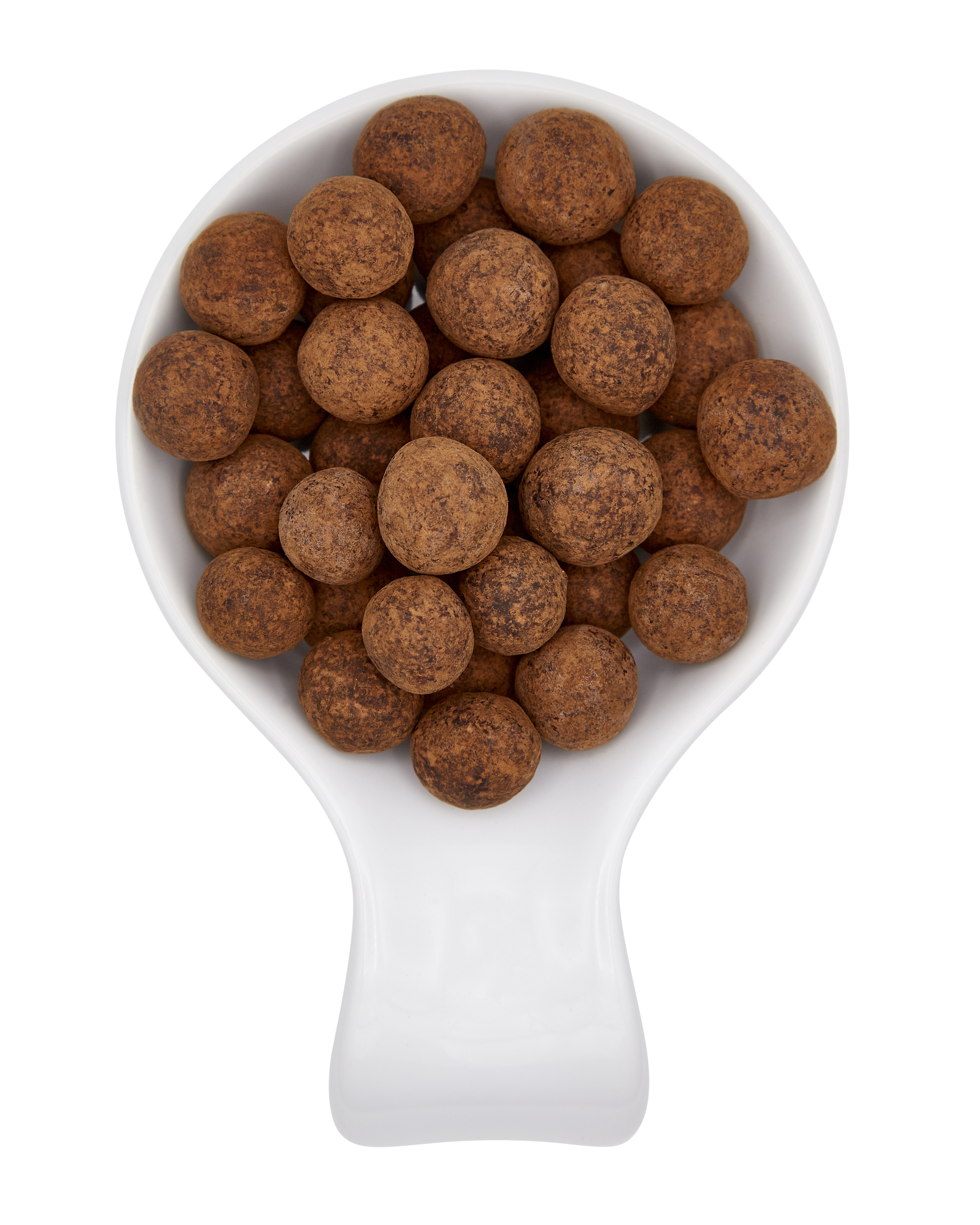 Smoked nuts in a white bowl.