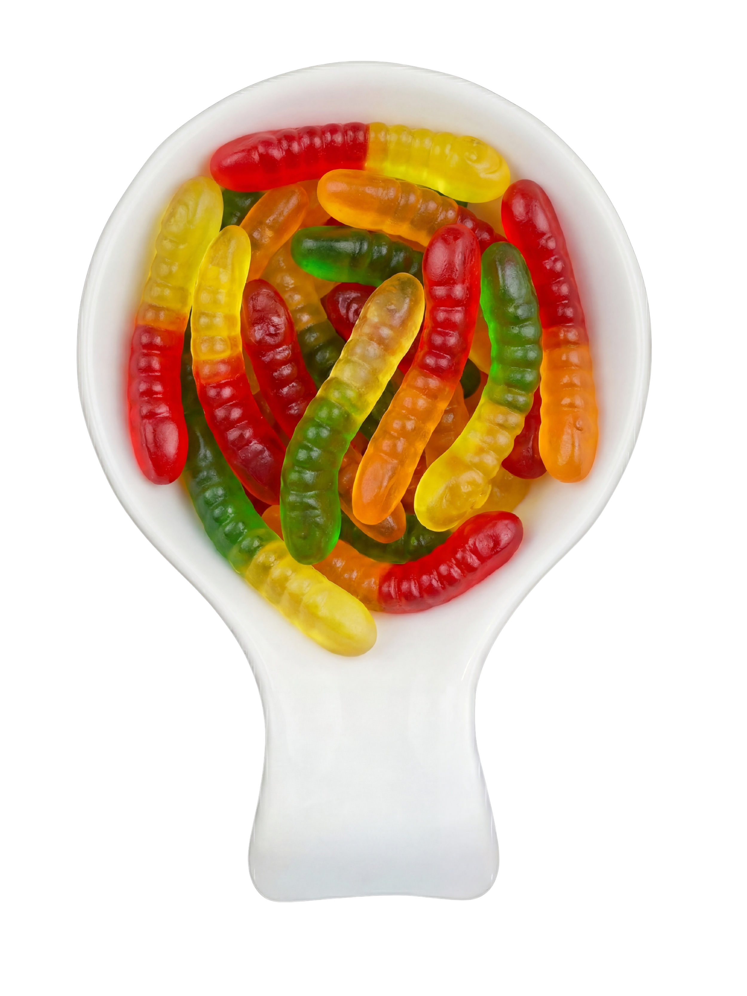 Colorful gummy worms in a white spoon against a black background.