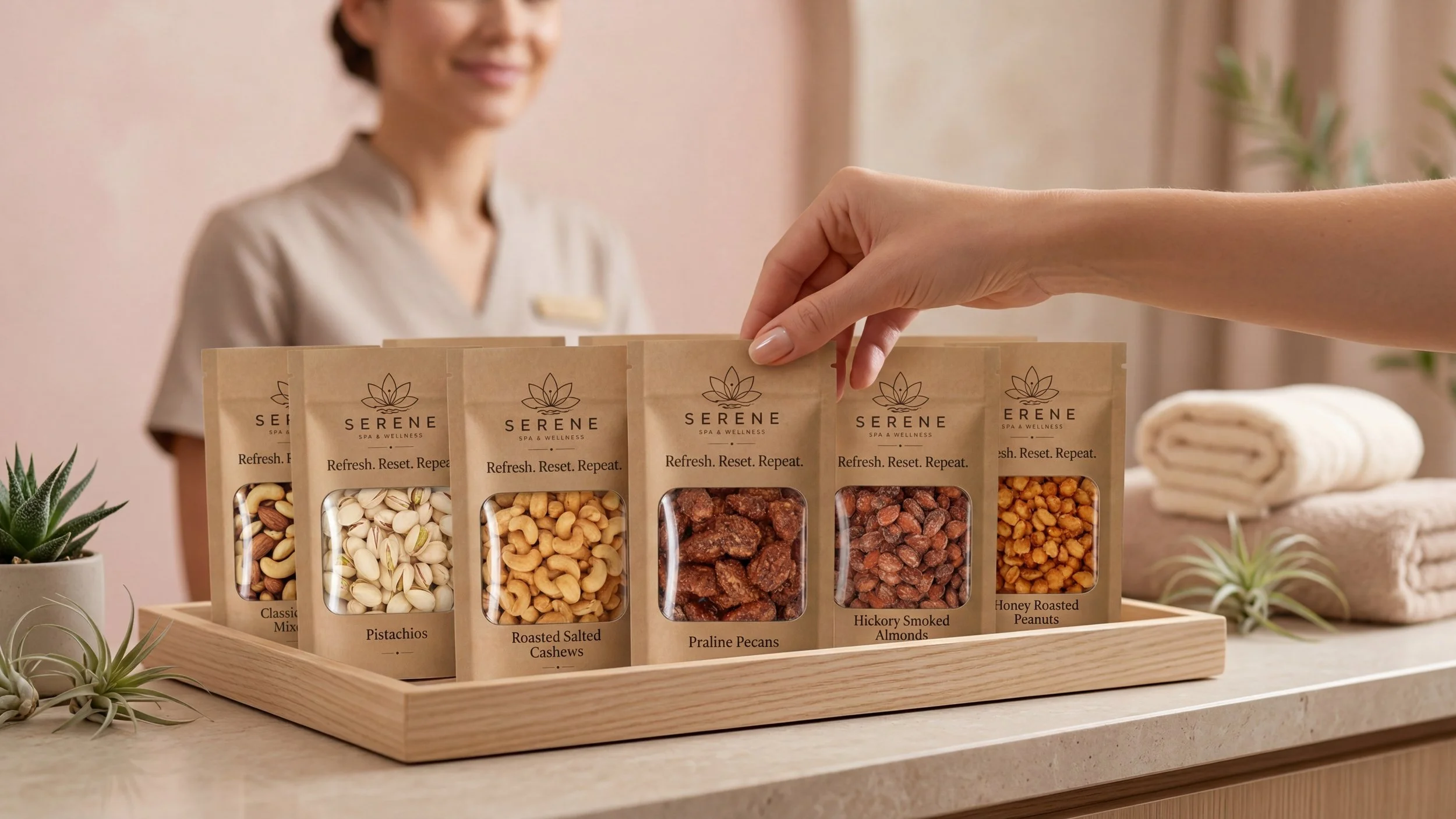 A woman at a spa and wellness center hands a package of mixed nuts to a customer. The package is labeled Serene Spa & Wellness and includes different types of nuts, such as pistachios, roasted salted cashews, praline pecans, hickory smoked almonds, honey roasted peanuts, and classic mixed nuts. There are potted succulents and neatly rolled towels on a tray in the background.