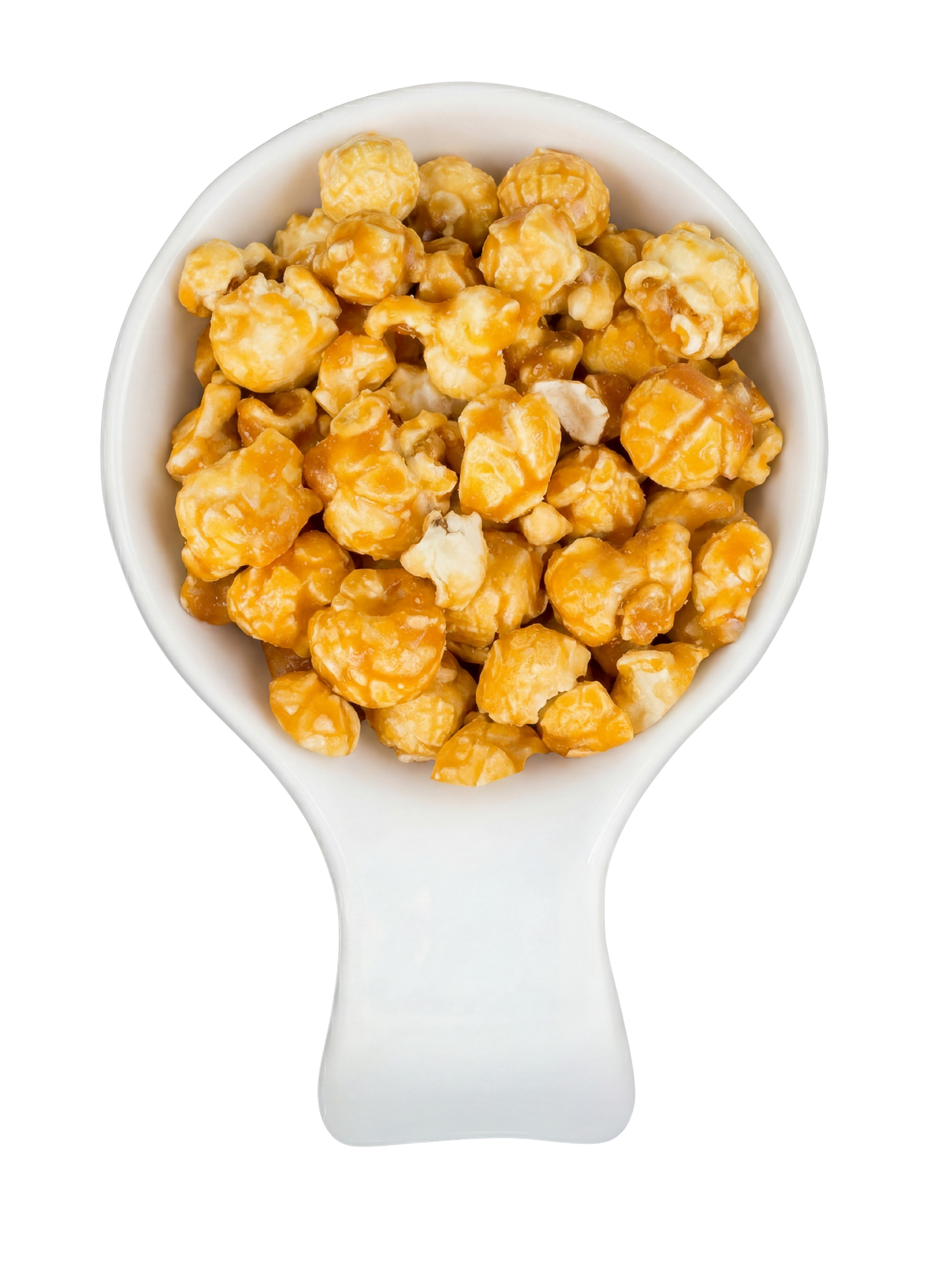 A white spoon filled with caramel popcorn against a black background.