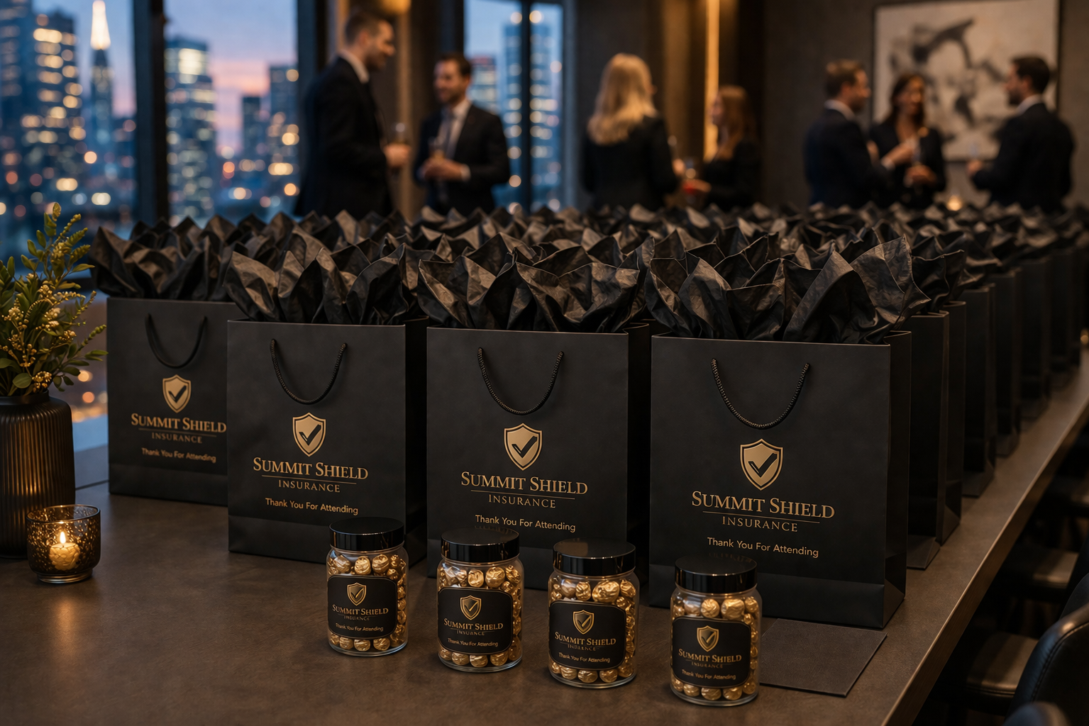 Black gift bags with 'Summit Shield Insurance' logo and 'Thank You For Attending' message on a table, alongside small jars filled with gold-wrapped chocolates and lit candles. People in formal attire are mingling in the background of a city skyline view.