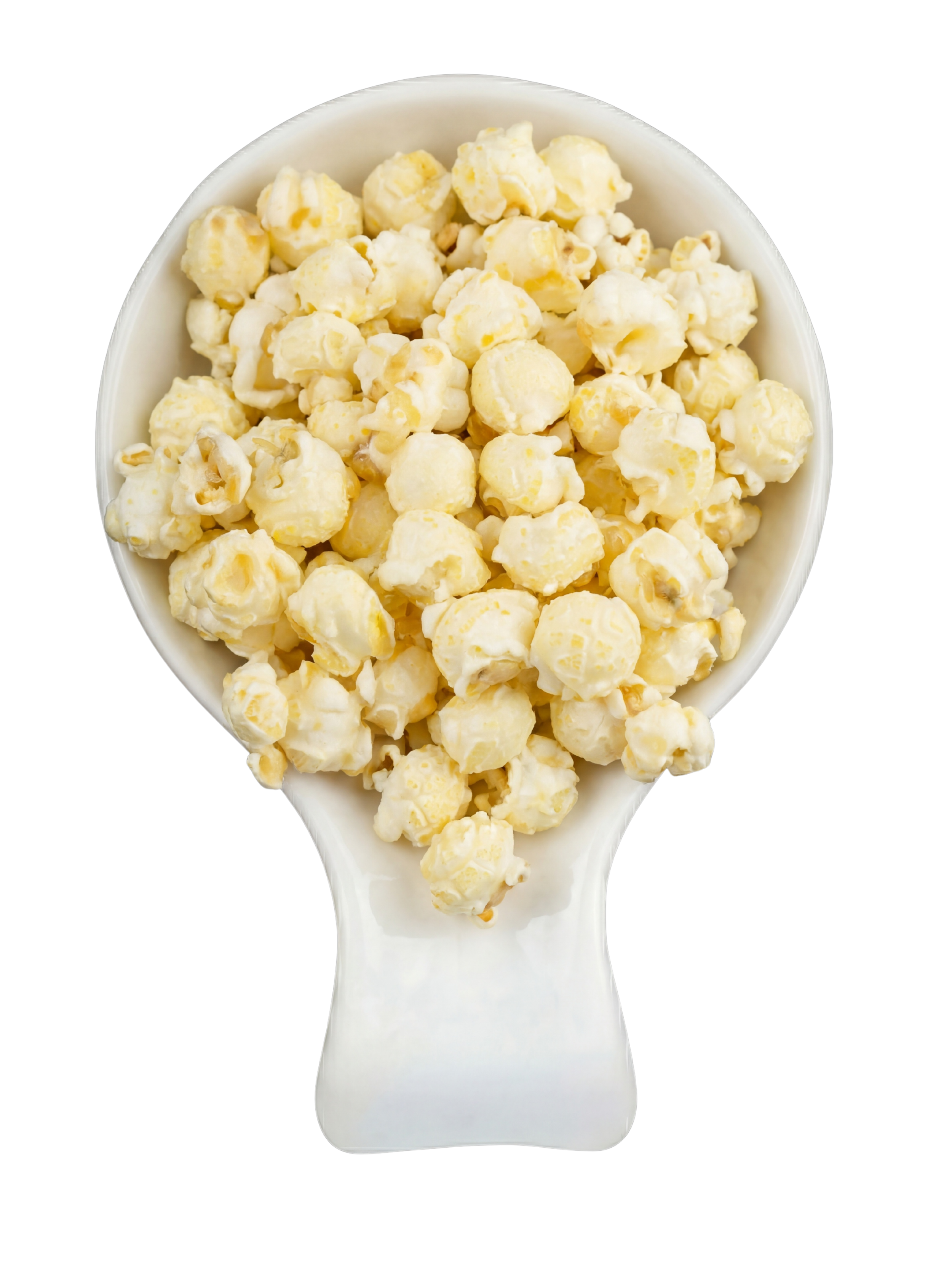 A white ceramic spoon filled with popcorn against a black background.
