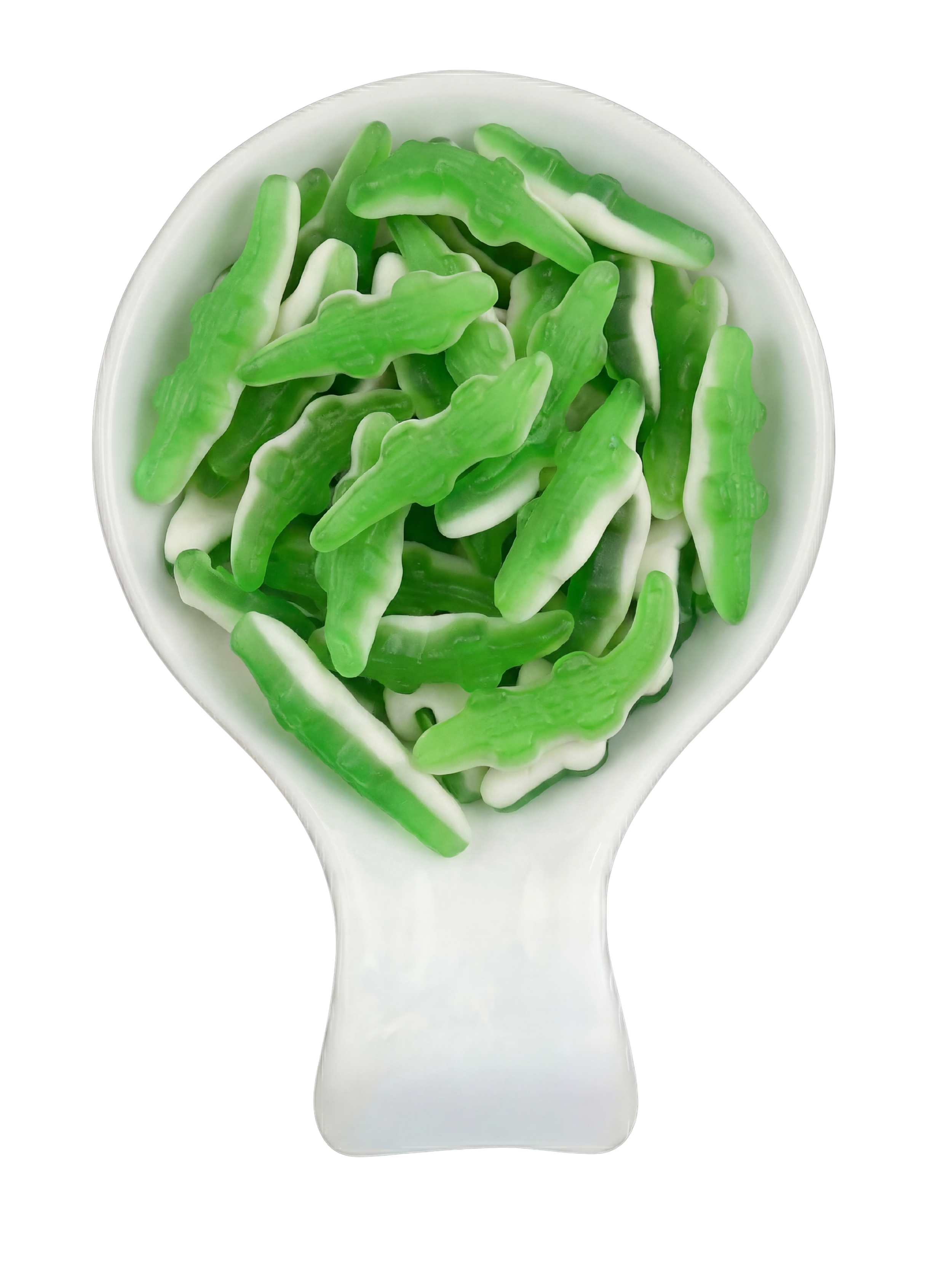 A spoonful of green and white gummy worms candies with a black background.