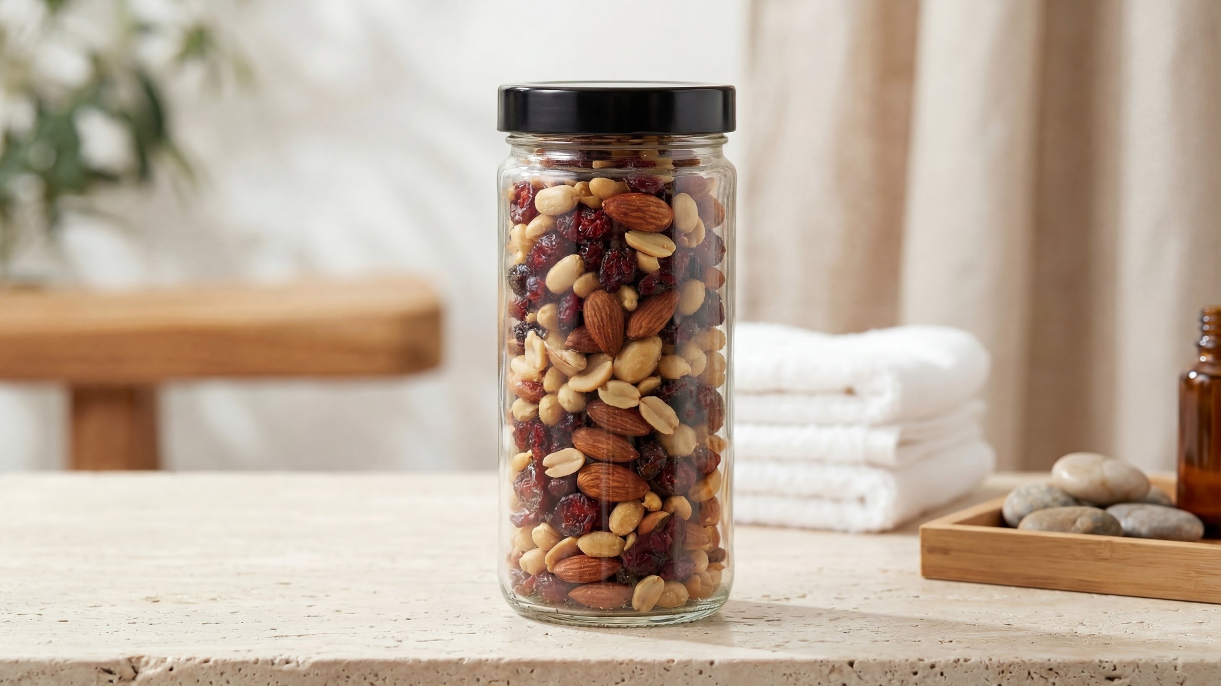 A tall glass jar filled with mixed nuts and dried berries on a wooden surface, with wrapped white towels, rocks, and a small brown glass bottle in the background.