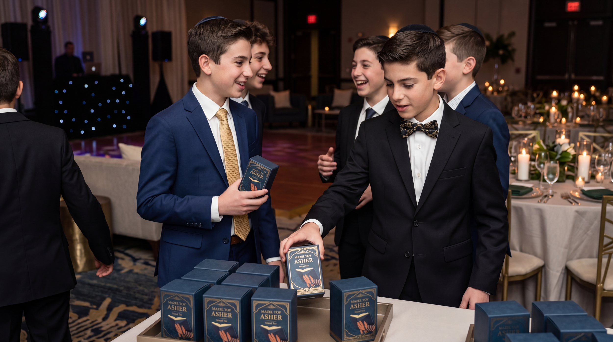 Group of boys in formal suits exchanging and receiving Hanukkah gelt in a decorated event hall.
