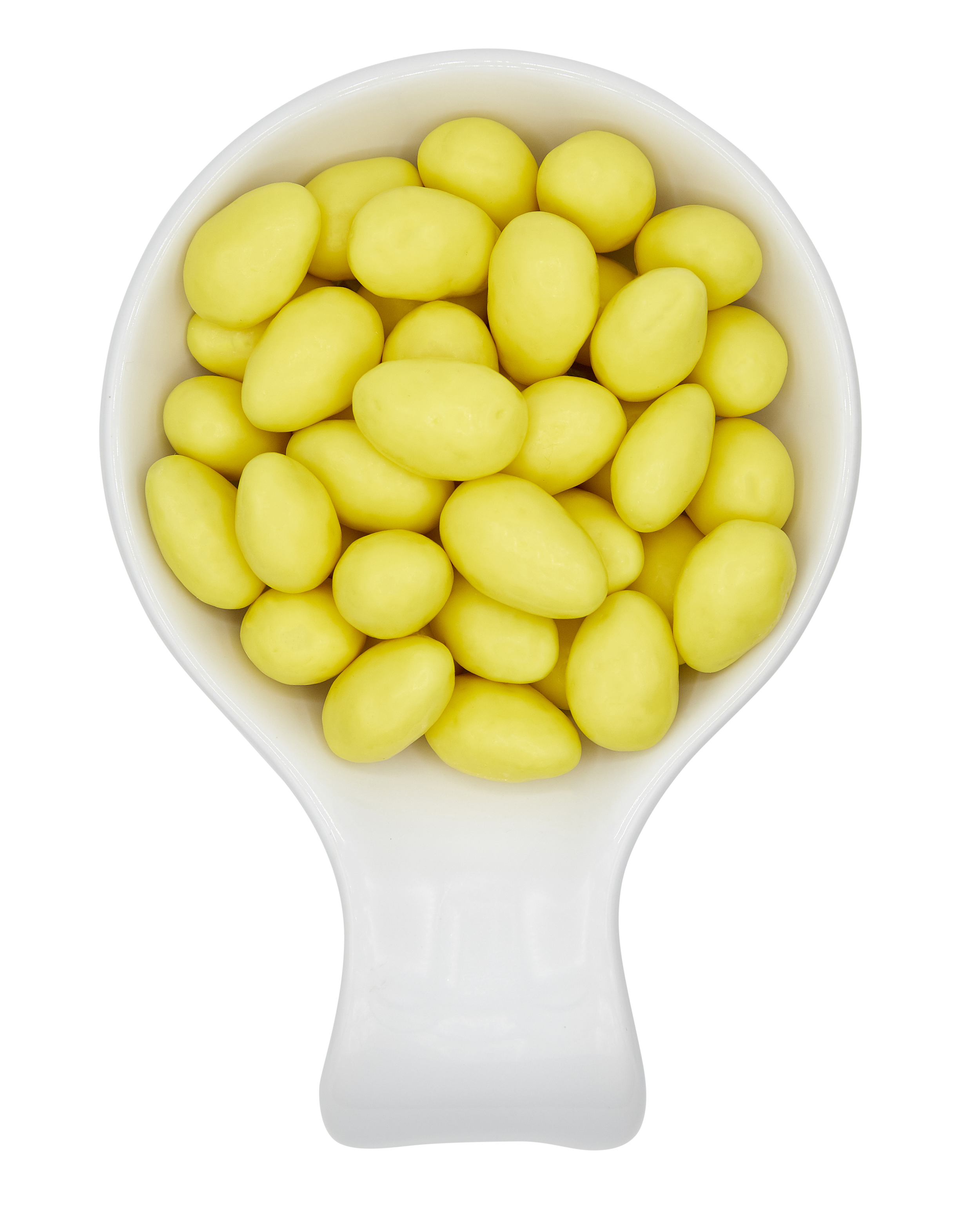 White scoop filled with yellow candies or coated nuts.