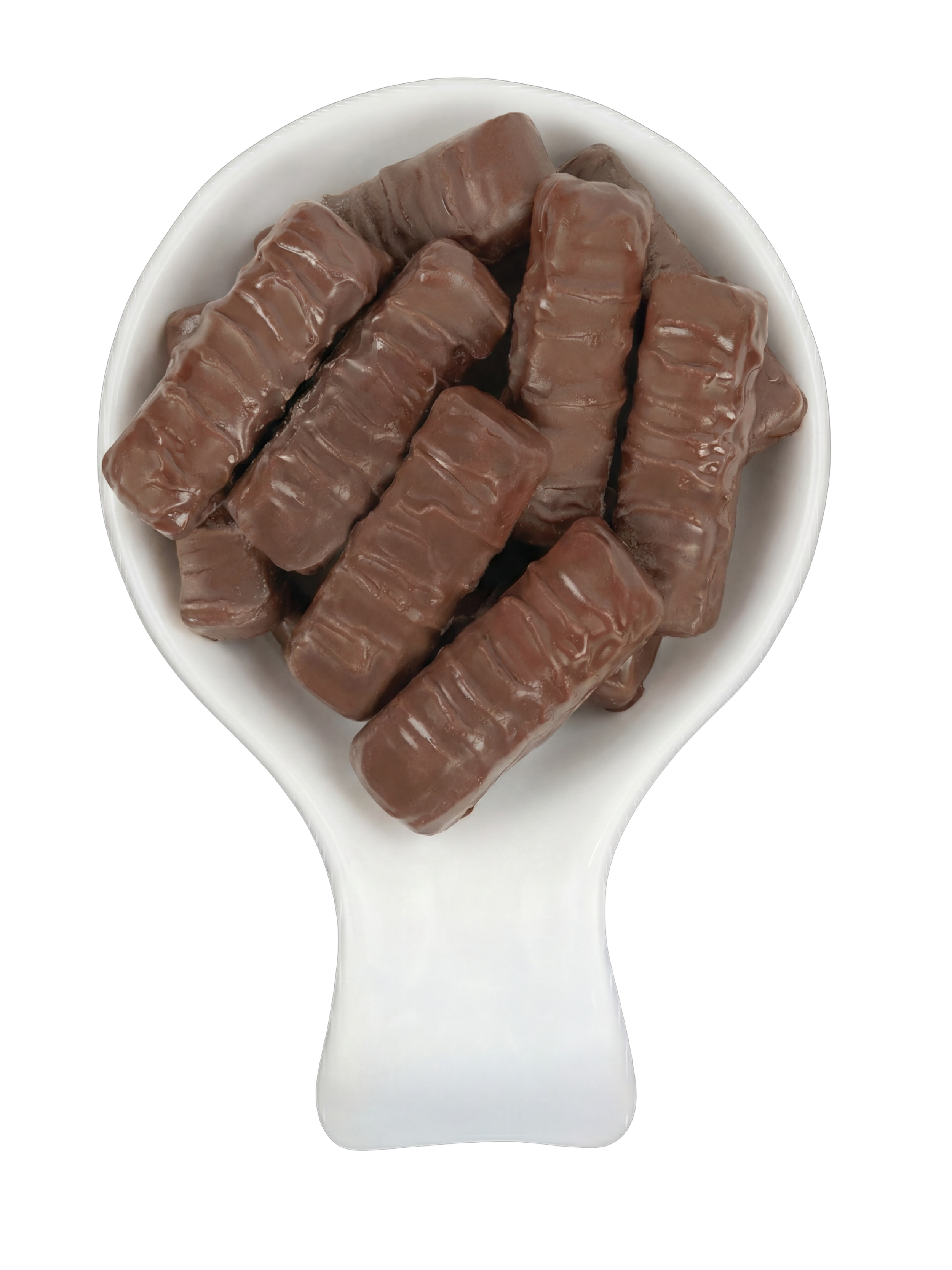 A white spoon filled with coated chocolate-covered candy, with the handle extending downward, against a black background.