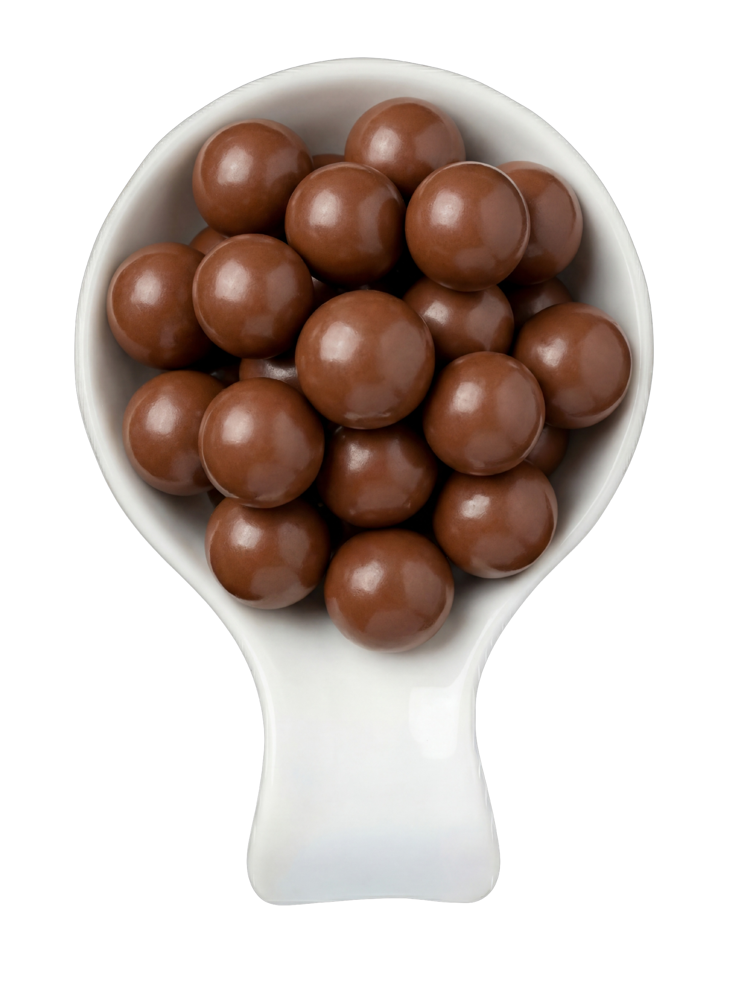 A white spoon filled with round, glossy chocolate candies against a black background.