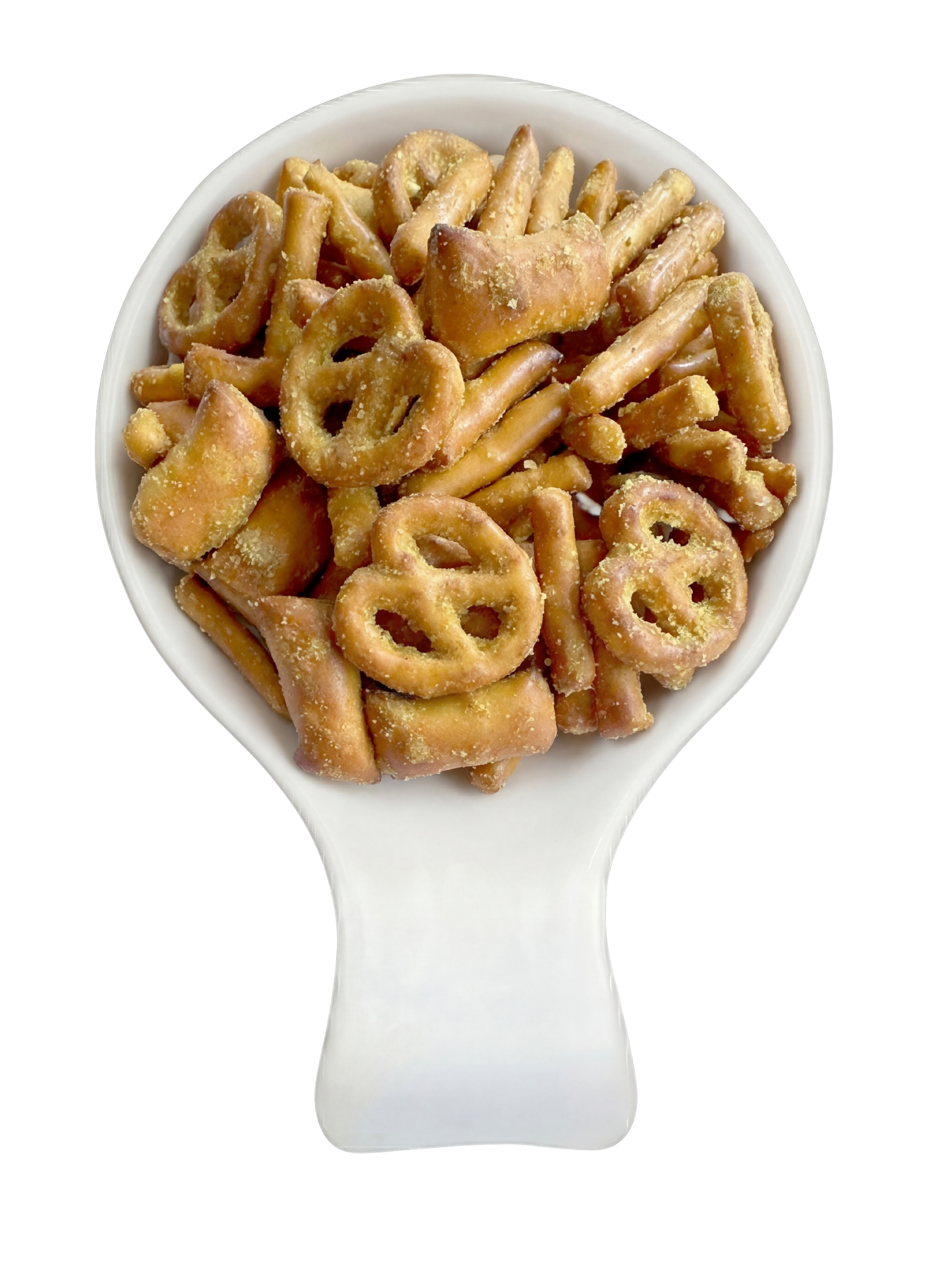A white ceramic spoon filled with various fried appetizer snacks including onion rings, cheese sticks, and jalapeño poppers, all sprinkled with powdered seasoning, set against a black background.