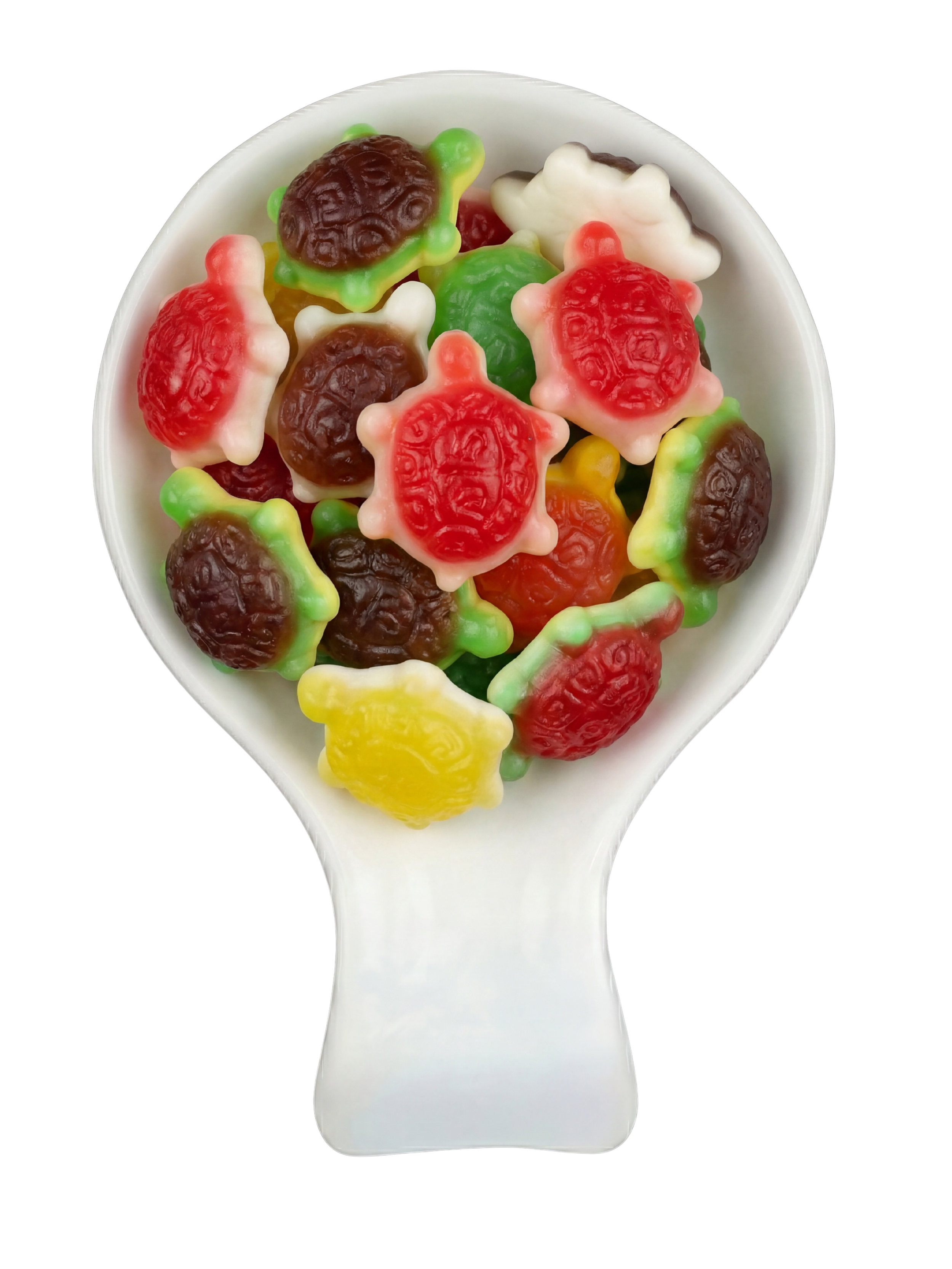 Colorful gummy candies shaped like spiders and other figures in a white spoon against a black background.