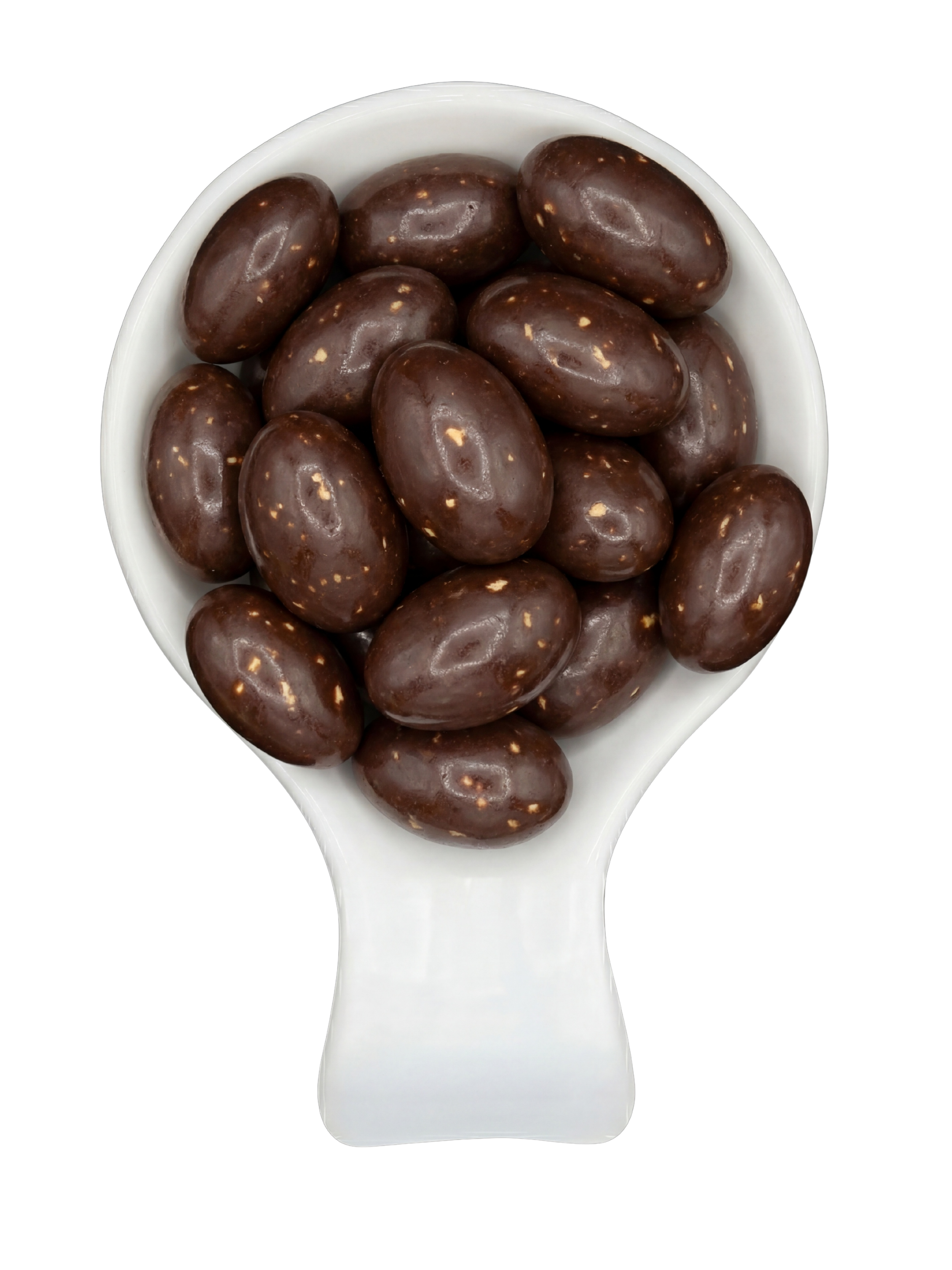 A white spoon filled with dark brown chocolate-covered almonds against a black background.