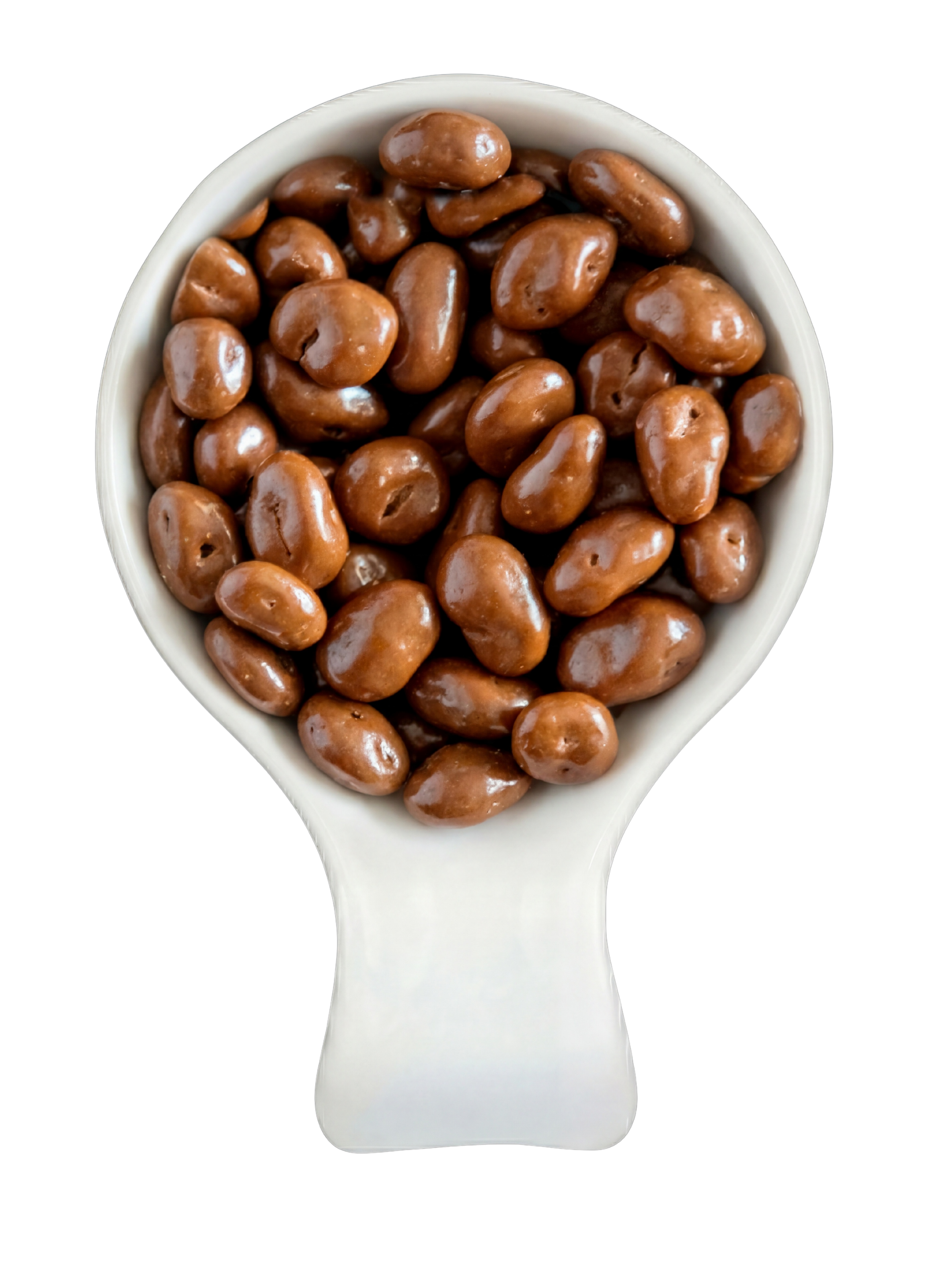 Close-up of a white ceramic spoon filled with glossy brown beans against a black background.