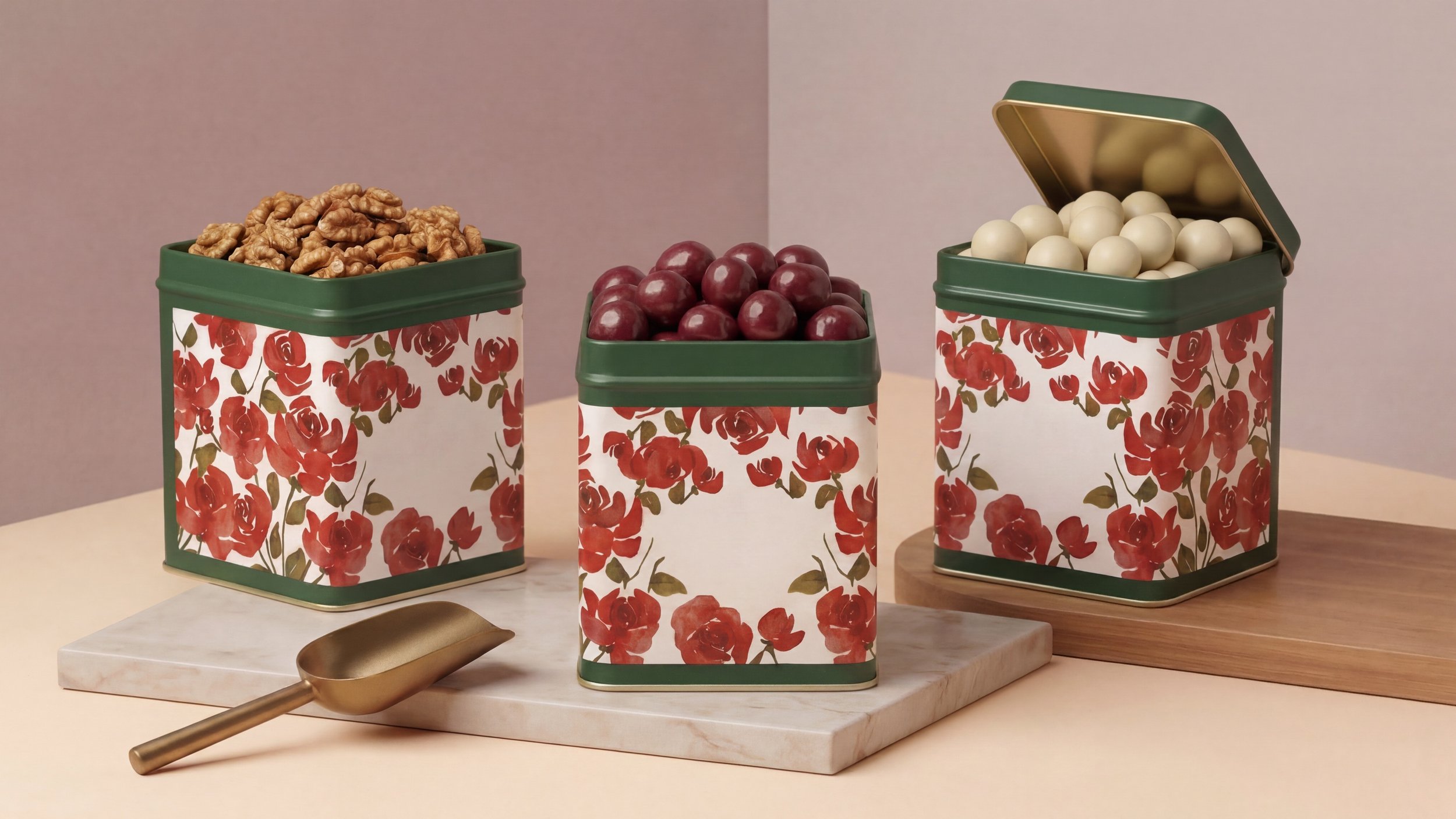 Three decorative tins with red roses pattern, containing walnuts, cherries, and white chocolate discs, arranged on a marble and wooden surface with a gold scoop in front.