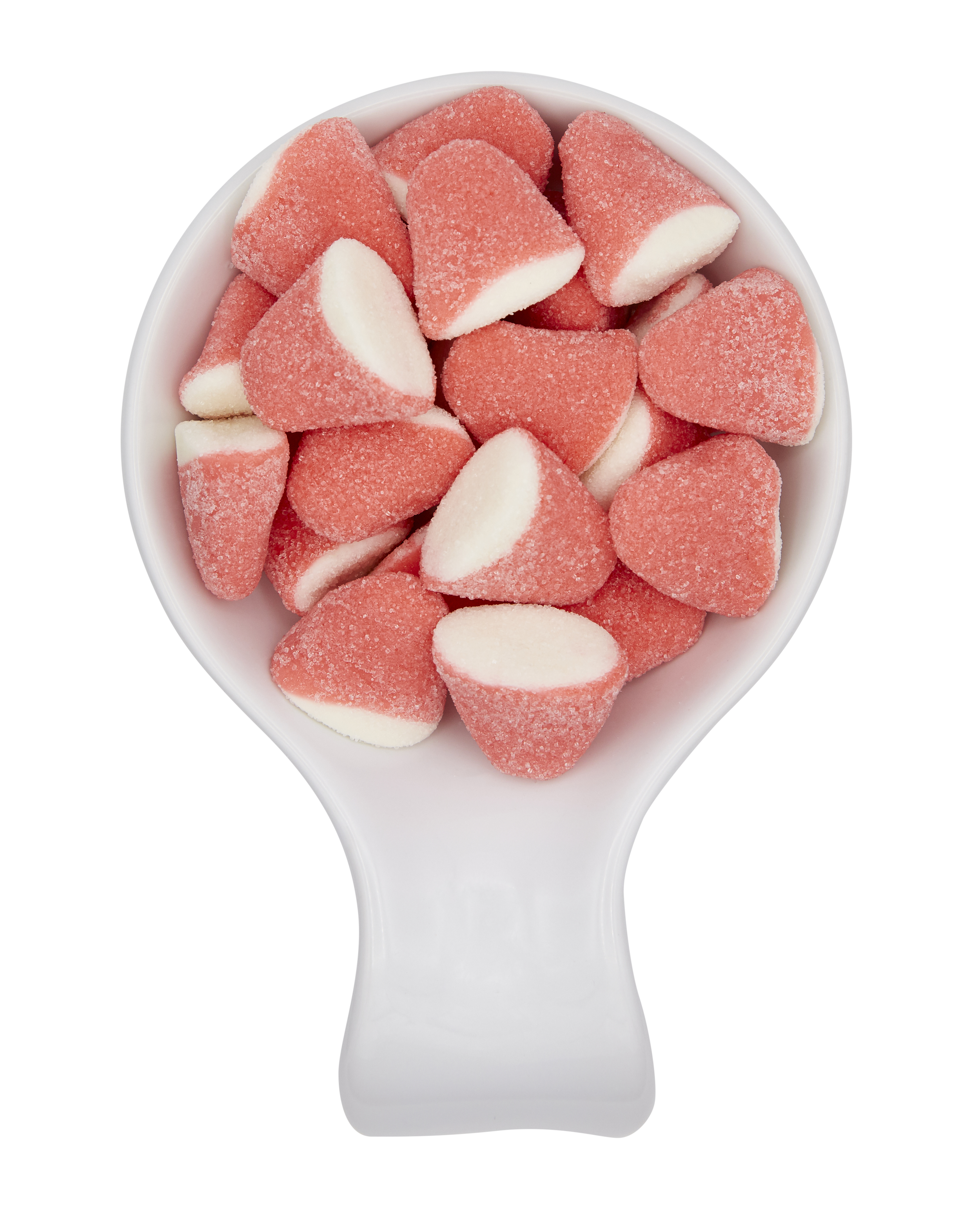 A white scoop filled with pink and white gummy candies that are sugar-coated.
