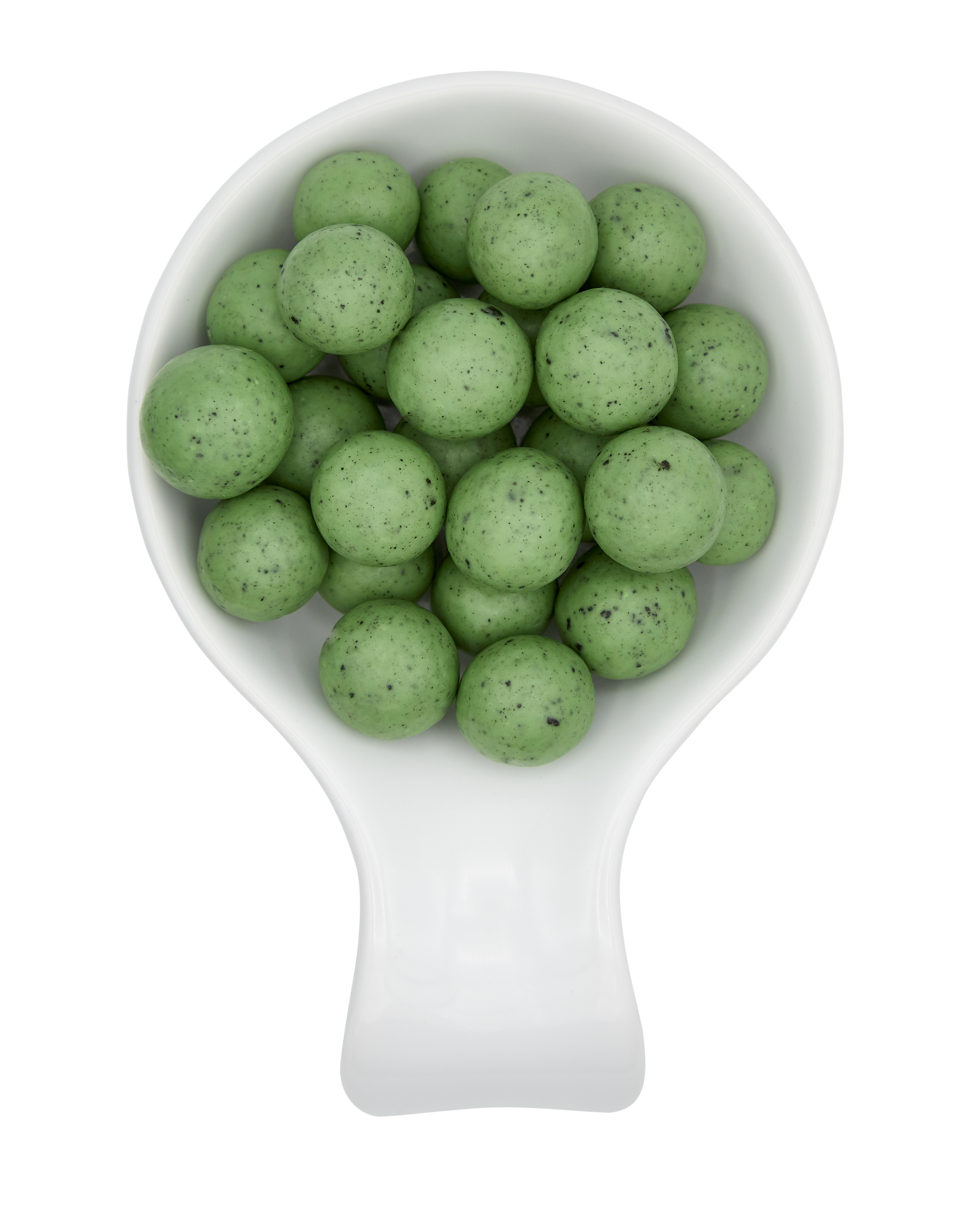 Choc mint balls in a white bowl.