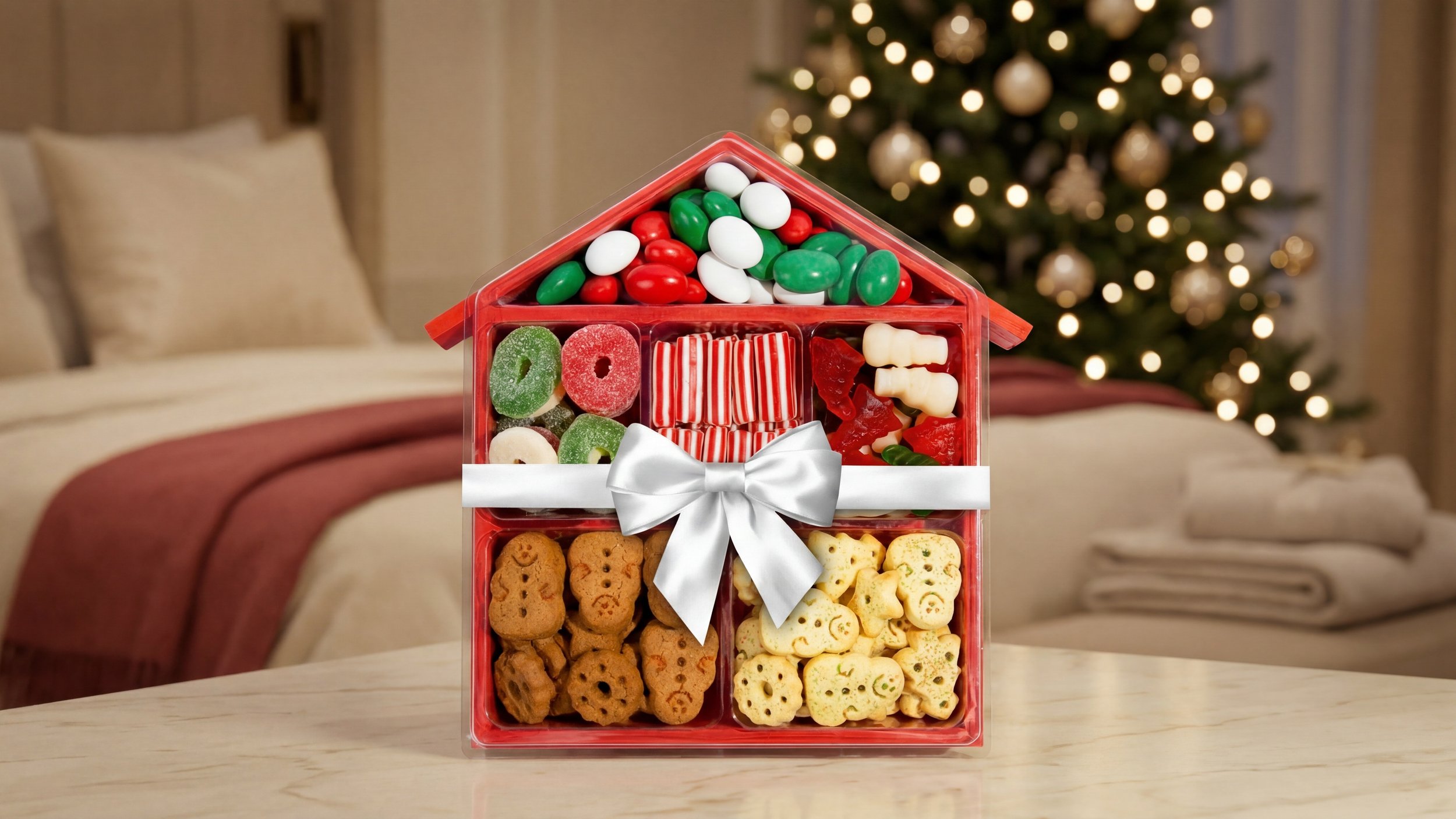 A assorted candy house in a Christmas setting.