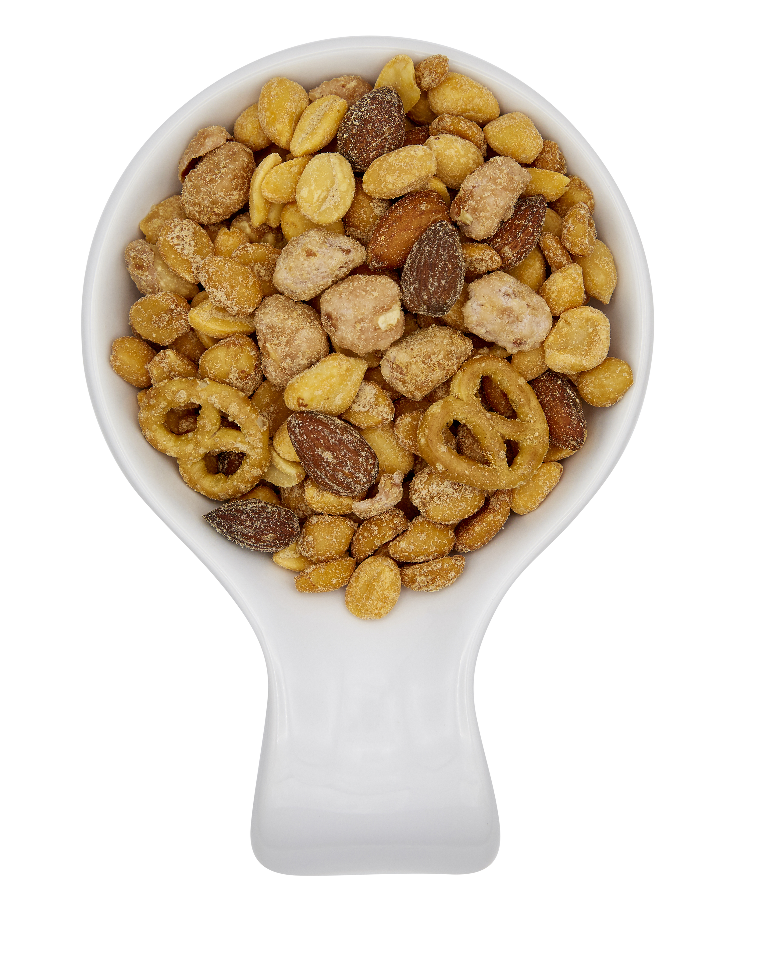 Sweet trail mix in a white bowl.