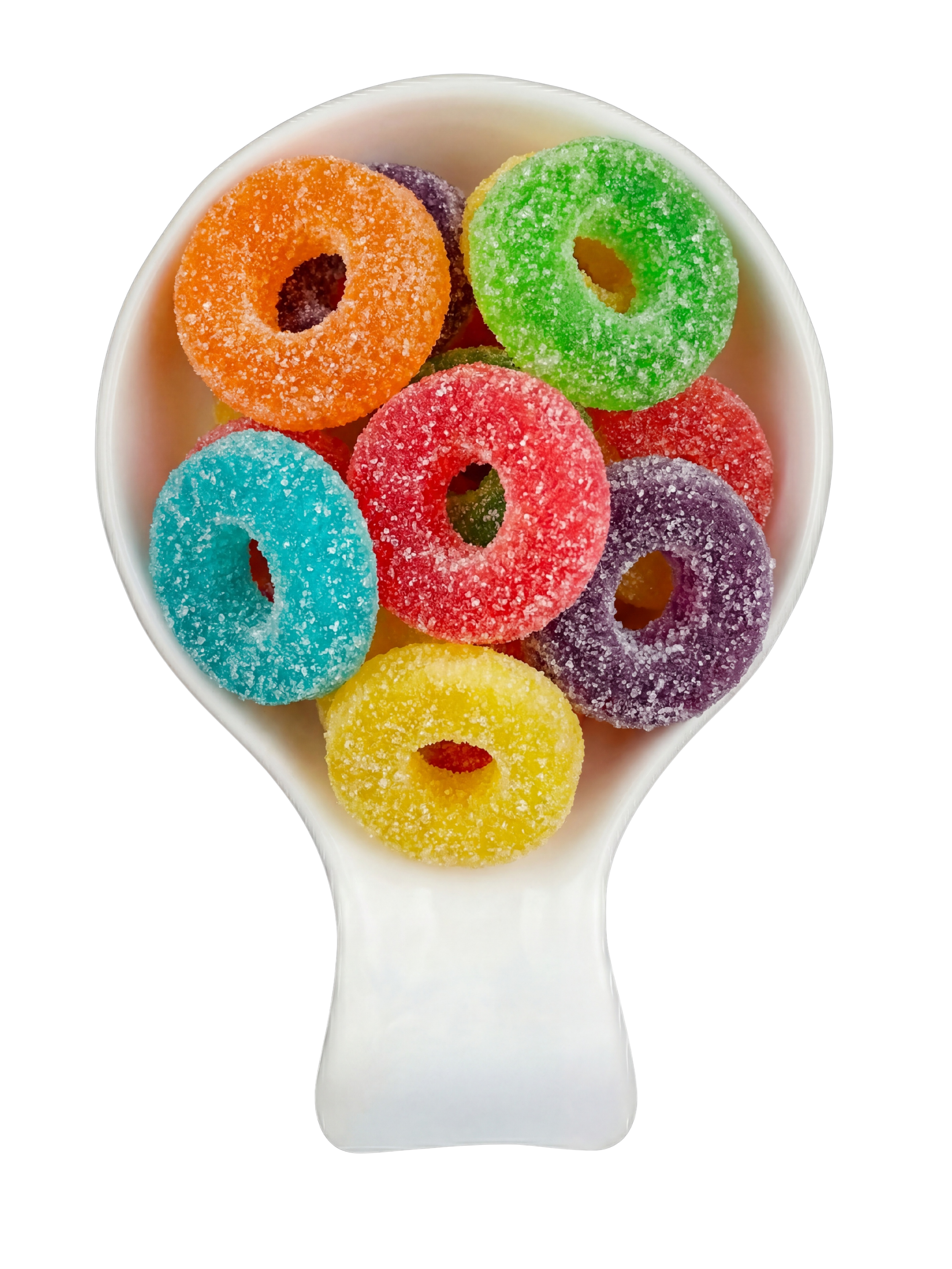A white spoon filled with colorful sugar-coated gummy ring candies against a black background.