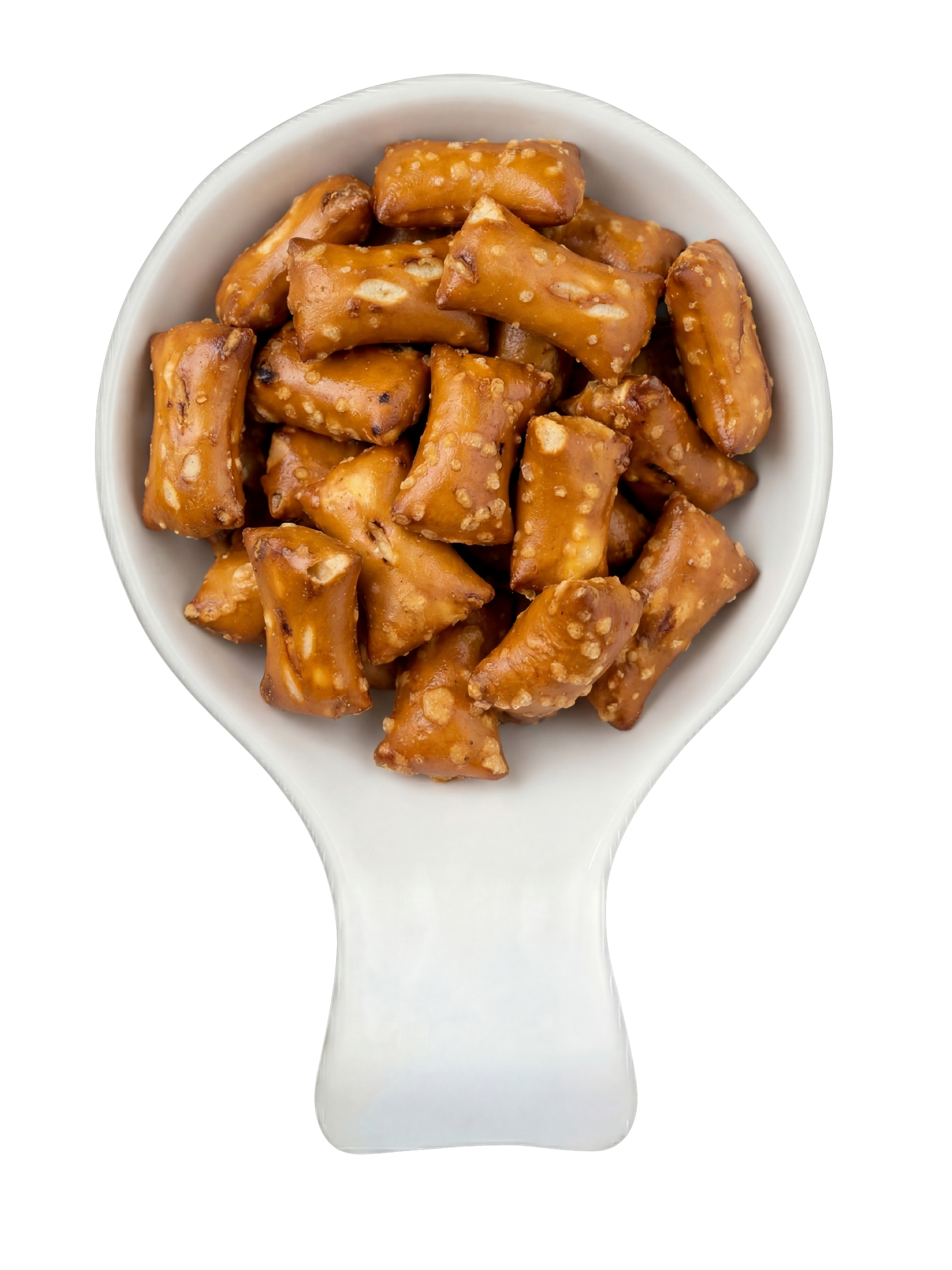 Close-up of a white spoon filled with small, golden-brown caramelized peanuts against a black background.