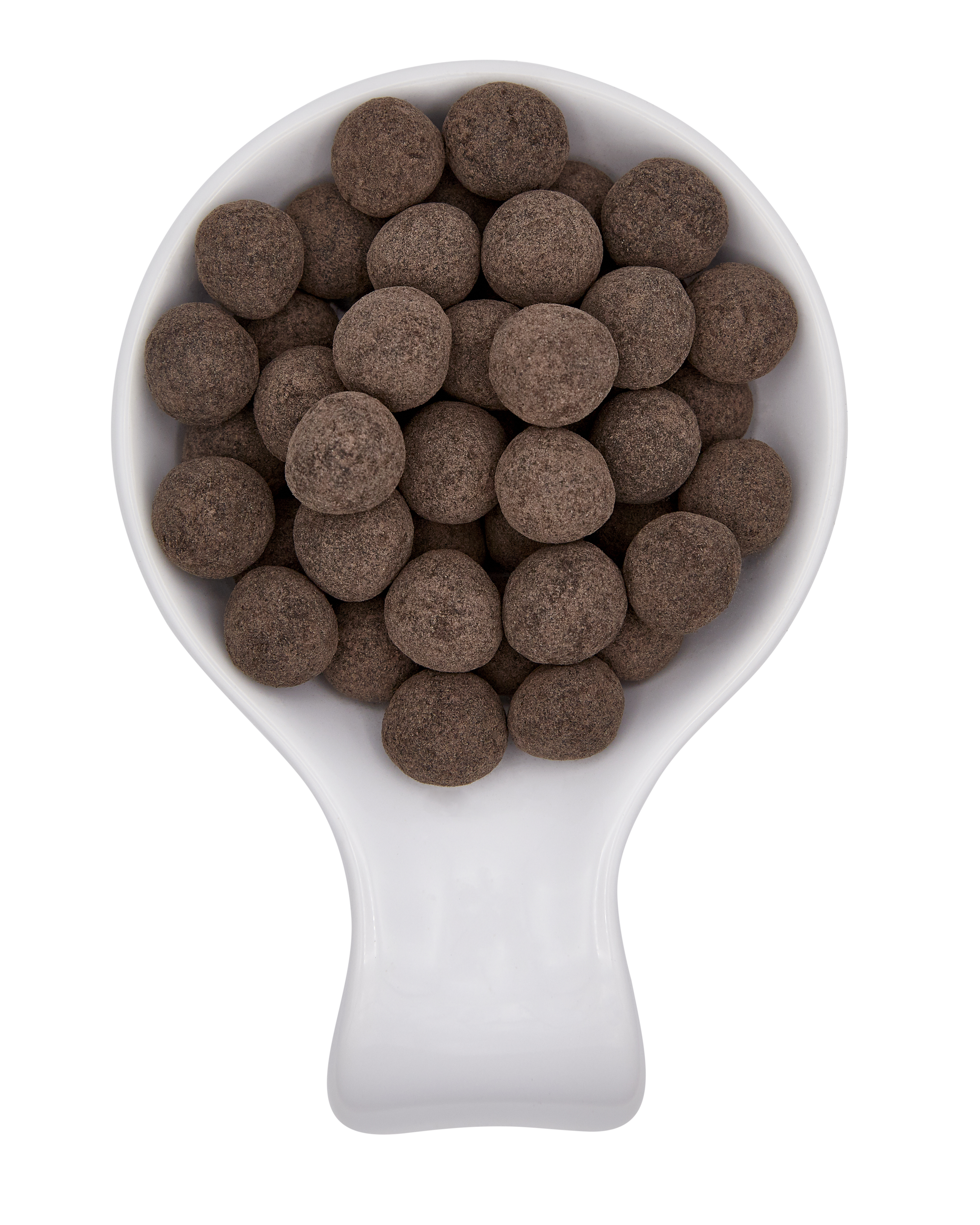 A white scoop filled with dark brown round coffee beans