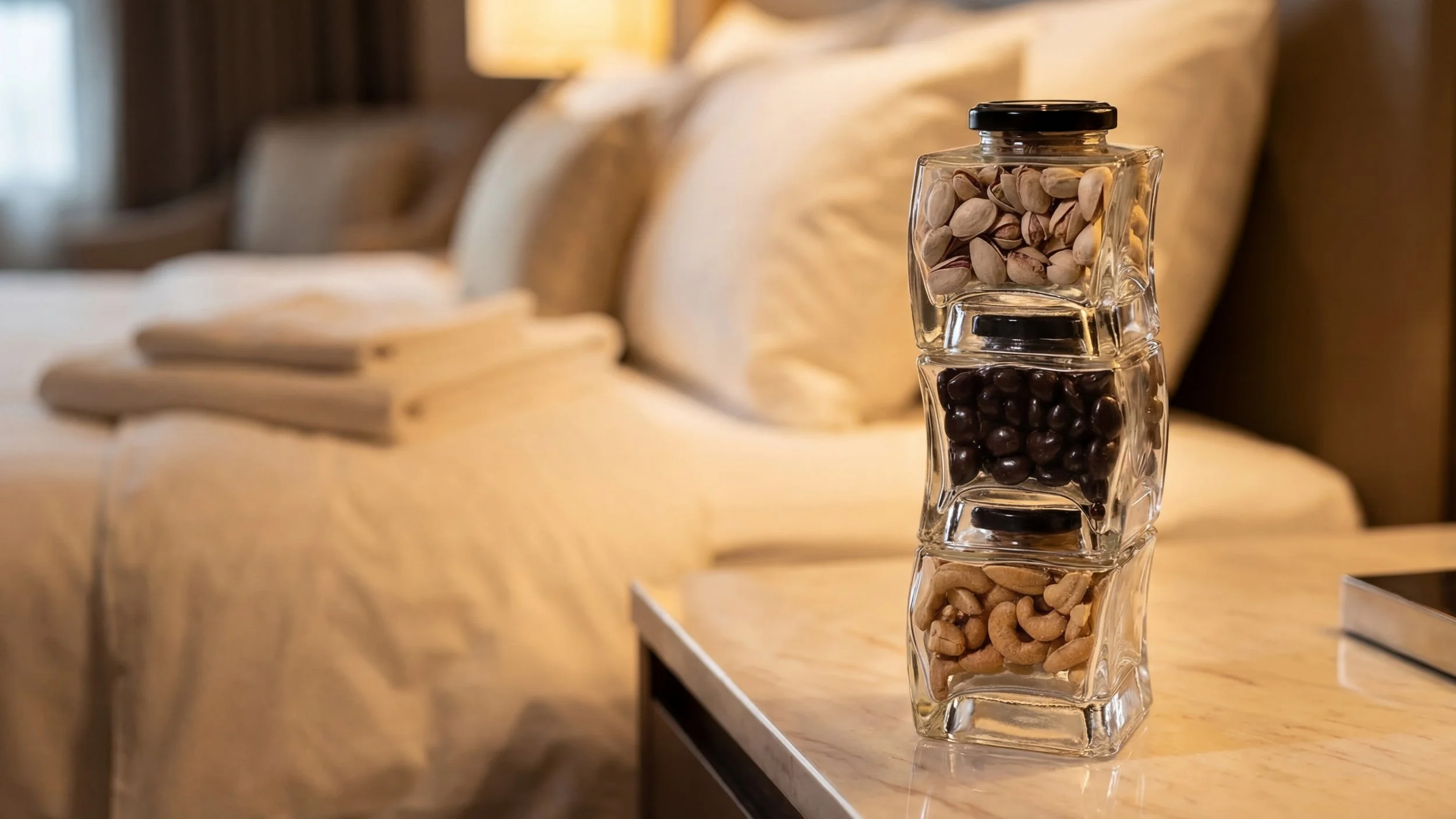 Stackable jars filled with various nuts, with a bedroom with beige bed linen and pillows in the background.
