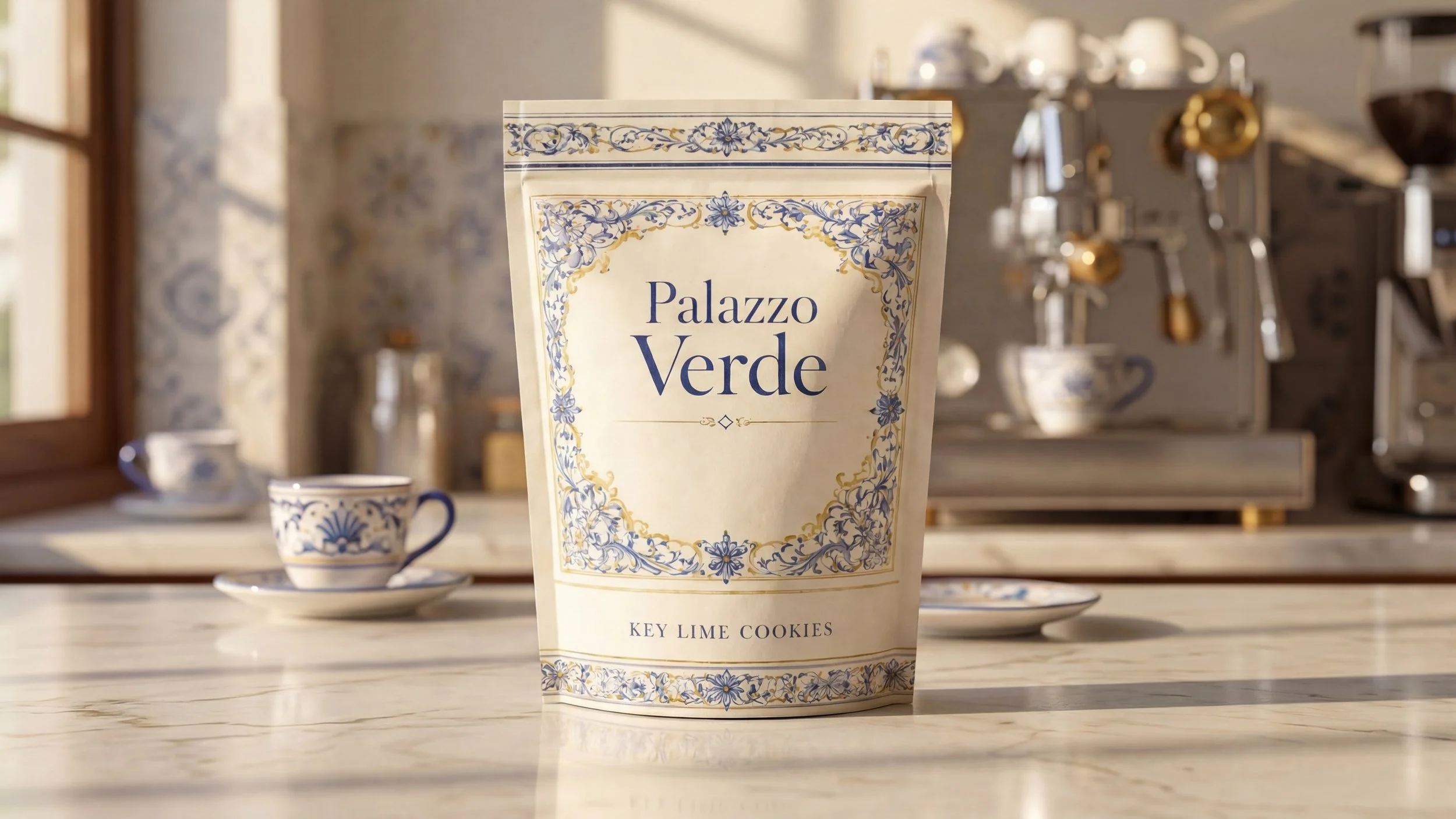 Pouch for Palazzo Verde Key Lime Cookies on a marble countertop in a kitchen with teacups and a coffeemaker in the background.