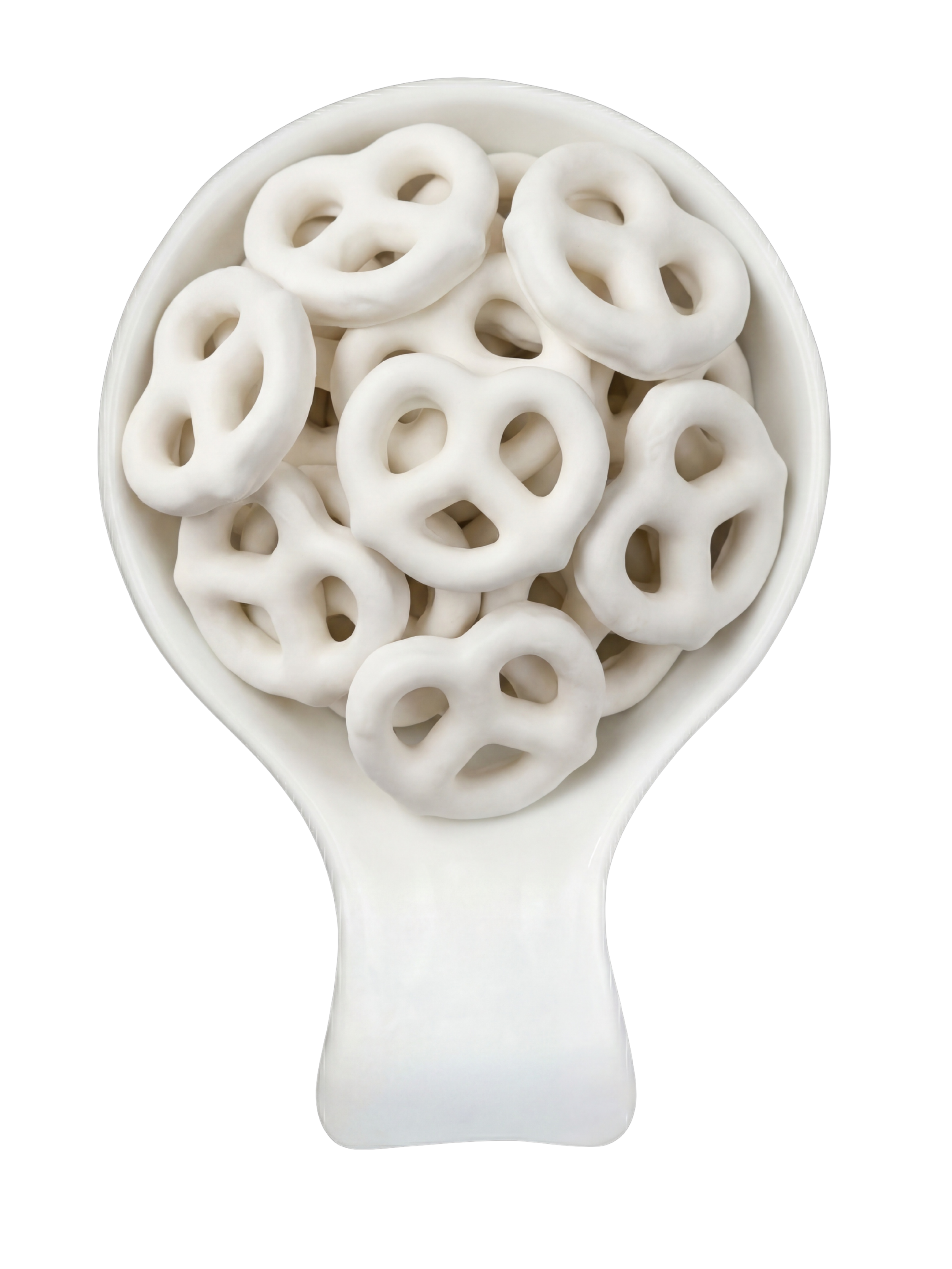 Close-up of a bowl filled with plain pretzels on a black background.