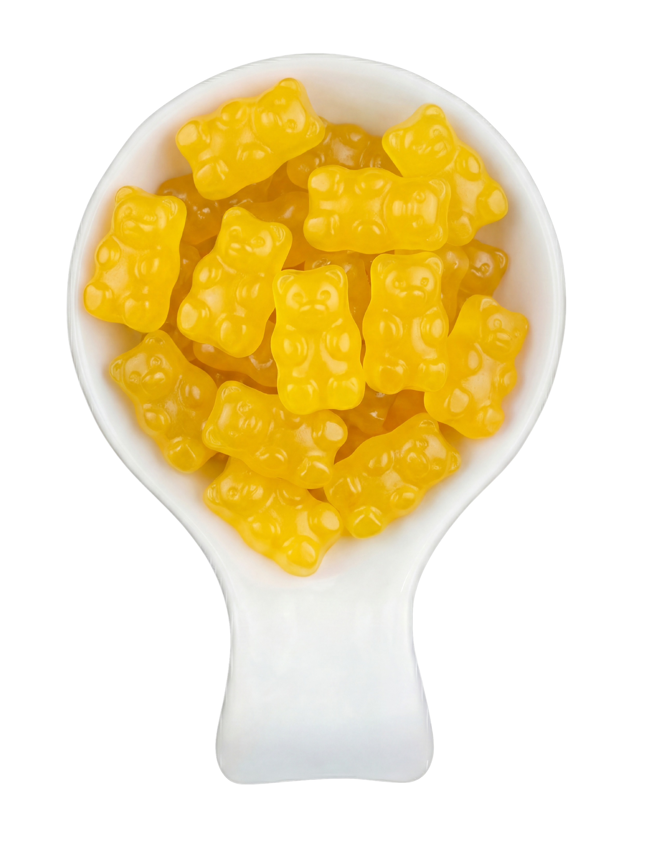 Close-up of gummy bear candies in a white cup, with bright yellow gummy bears shaped like bears.
