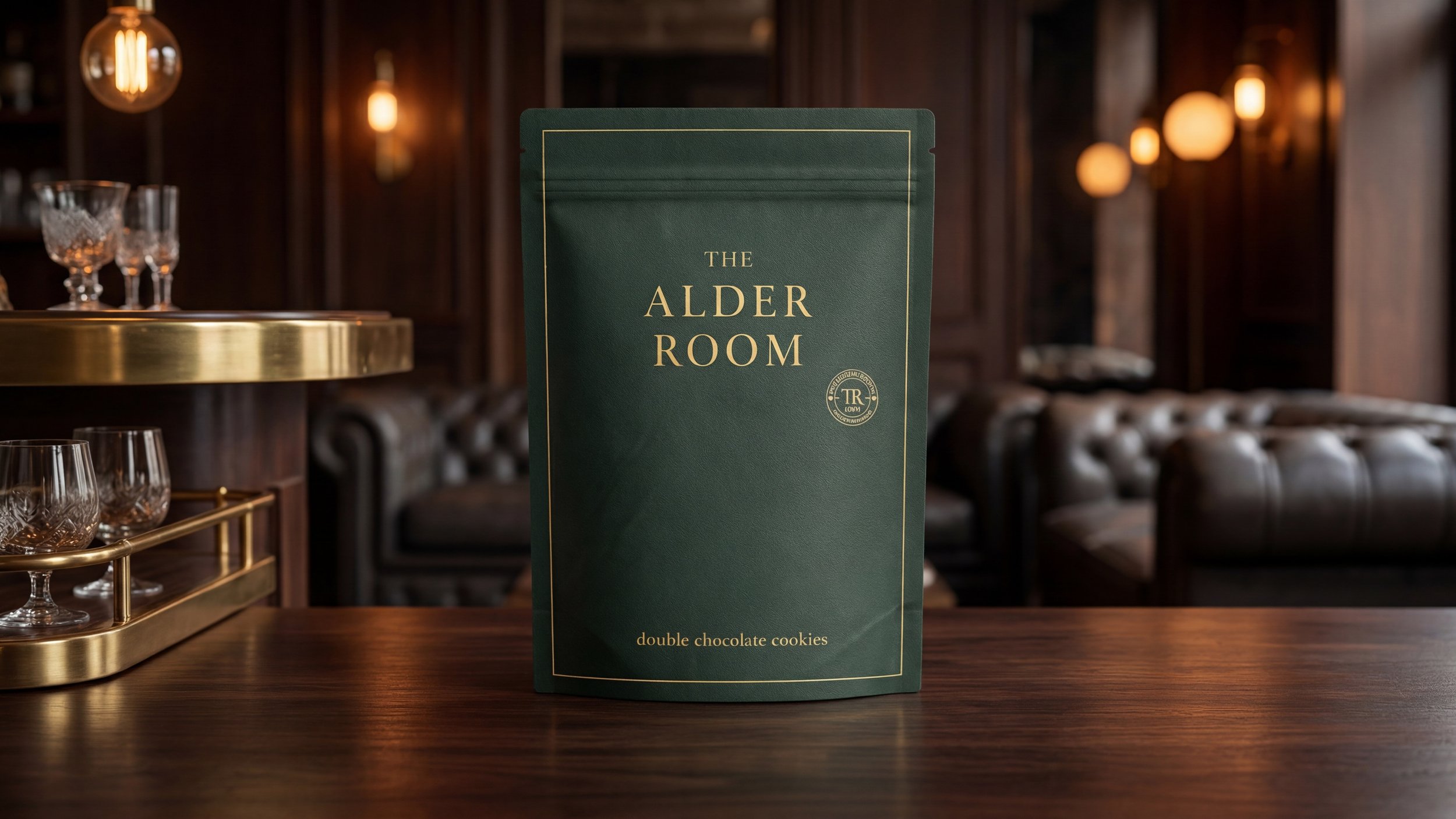 Green pouch for 'The Alder Room' with gold text, placed on a wooden table in a dimly lit, elegant bar or lounge with glassware and warm lighting fixtures.