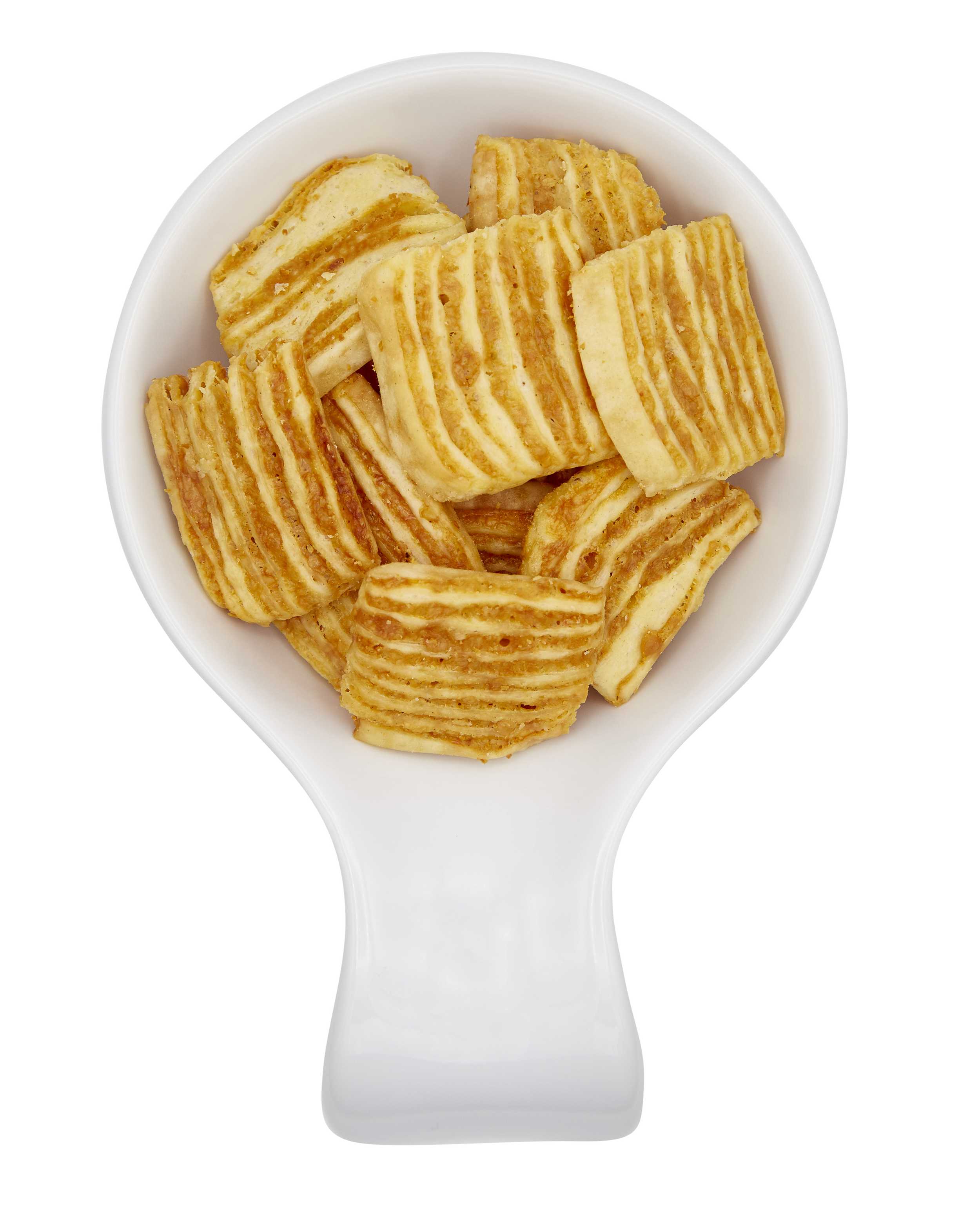 Cheese crisps in a white bowl.