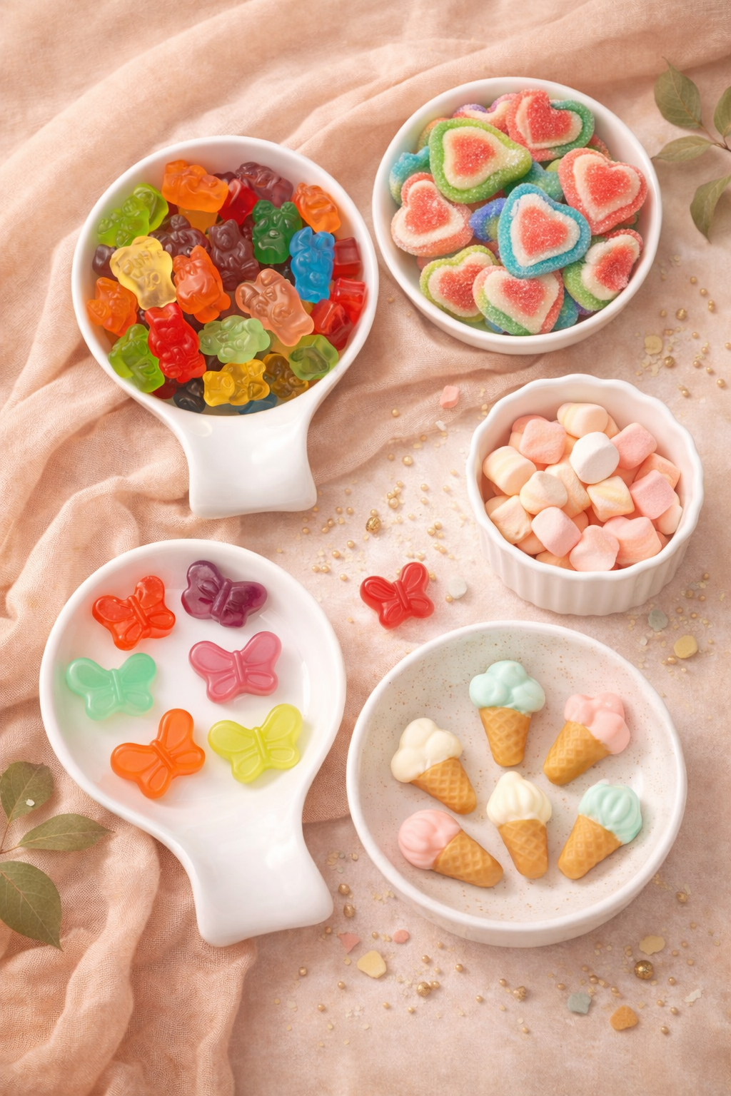 Assorted colorful candies, including gummy bears, heart-shaped gummy candies, marshmallow candies, and ice cream cone-shaped candies, arranged in small bowls on a soft pink fabric background.