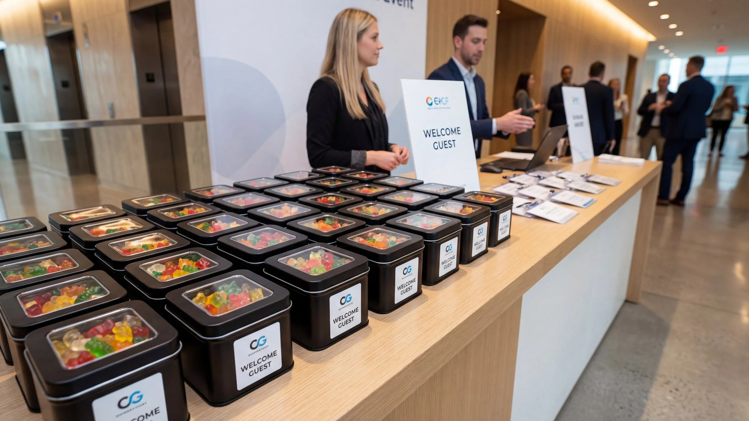 Table with rows of labeled black containers filled with colorful gummy candies at a conference registration desk, with a man and a woman standing behind the table, and groups of people mingling in the background.