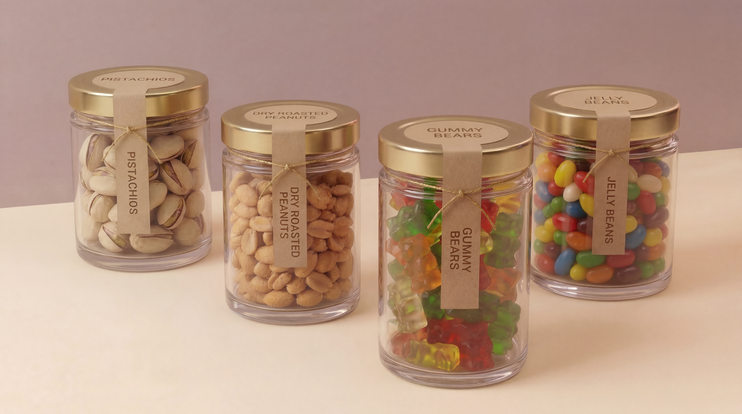 Four glass jars filled with candy labeled with different types: Pistachios, Dry Roasted Peanuts, Gummy Bears, and Jelly Beans, arranged on a white surface against a light-colored background.