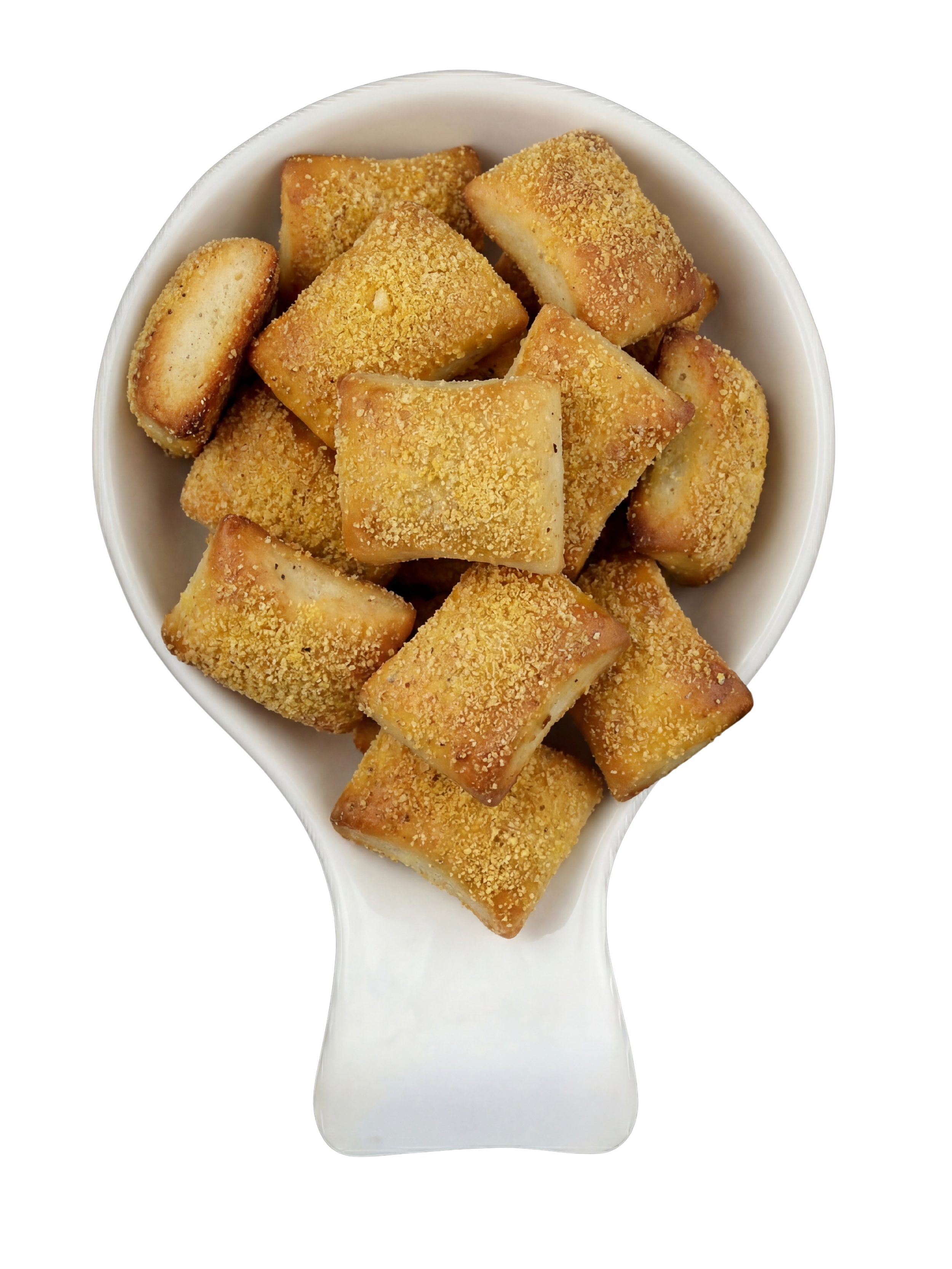 Close-up of a white ceramic spoon filled with golden-brown, breaded, fried cheese cubes on a black background.