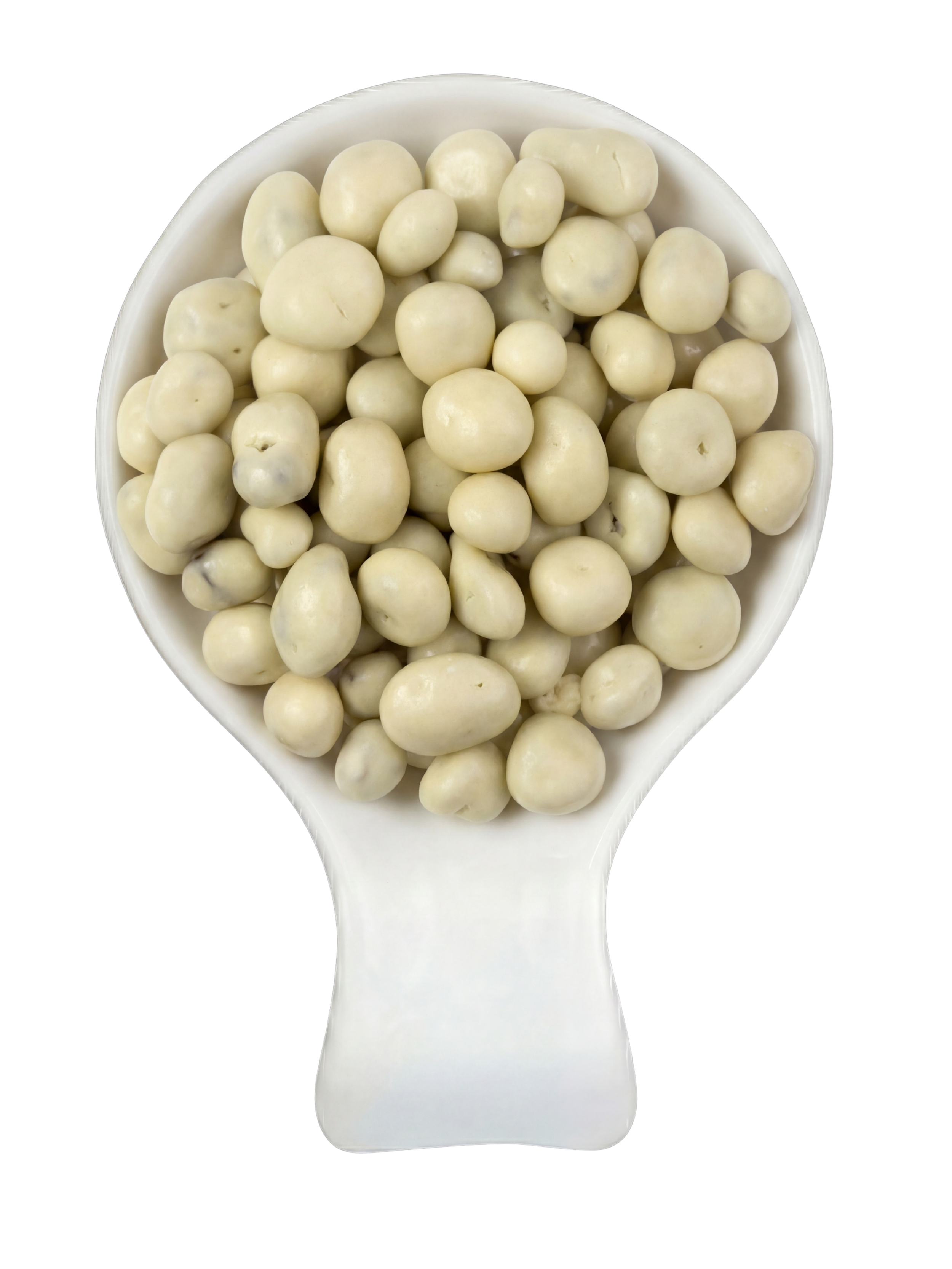 A white bowl filled with white chocolate-covered macadamia nuts on a black background.