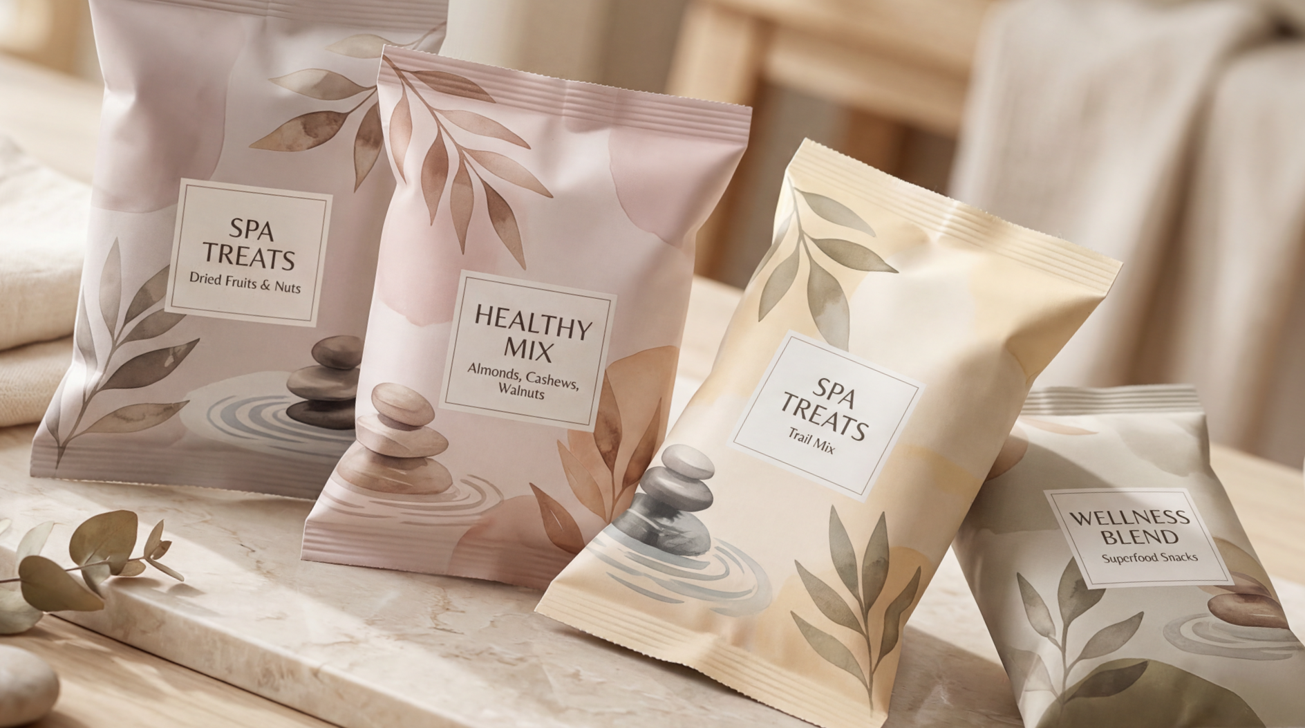 Four bags of wellness snack products on a marble surface, each with soft pastel packaging and botanical illustrations, labeled as Spa Treats Dried Fruits & Nuts, Healthy Mix with almonds, cashews, walnuts, Spa Treats Trail Mix, and Wellness Blend superfood snacks.