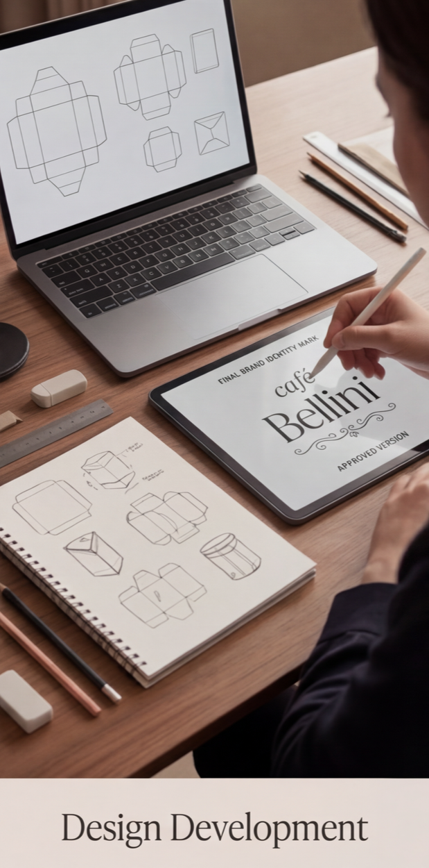 A person designing packaging boxes on a tablet, with sketches and technical drawings of box designs on a notebook and a laptop on a wooden desk.