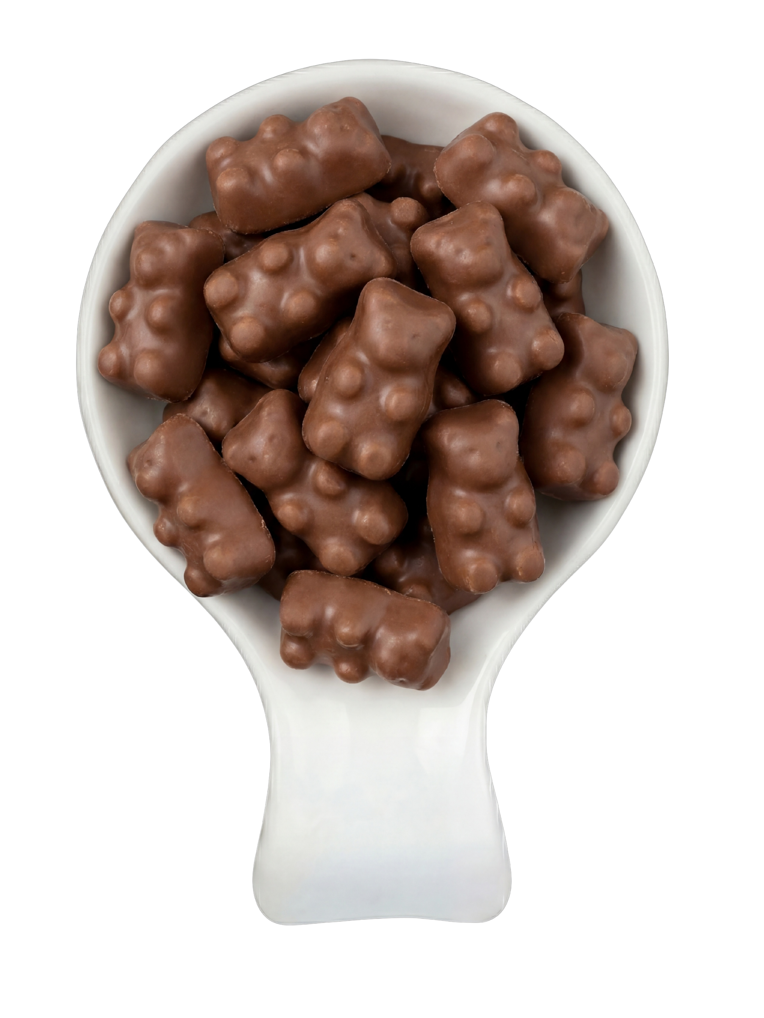 A white spoon filled with chocolate-covered pretzel-shaped candies against a black background.