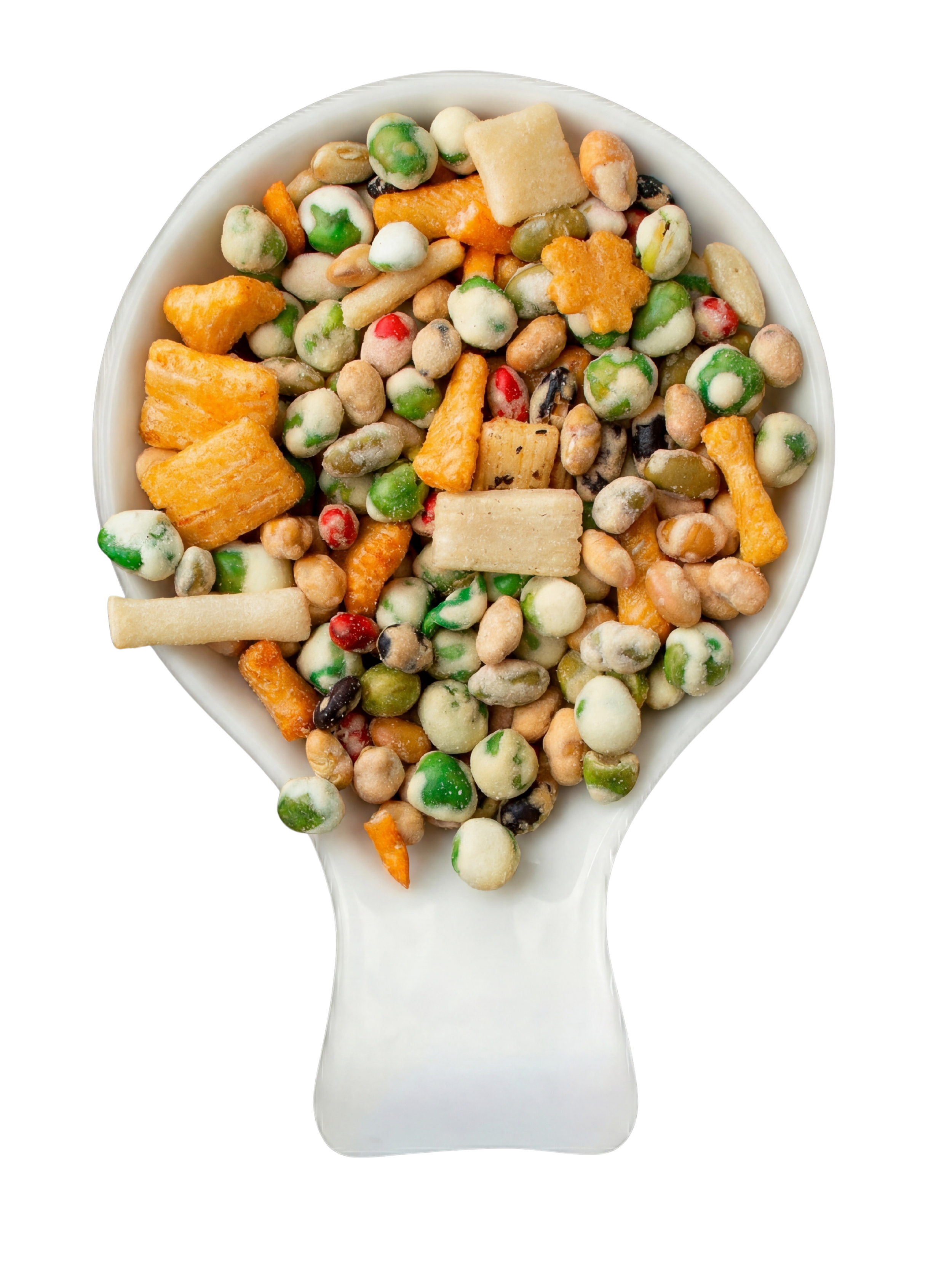 Close-up of a white ceramic spoon filled with multicolored party mix snack containing peas, cheese crackers, pretzels, and nuts against a black background