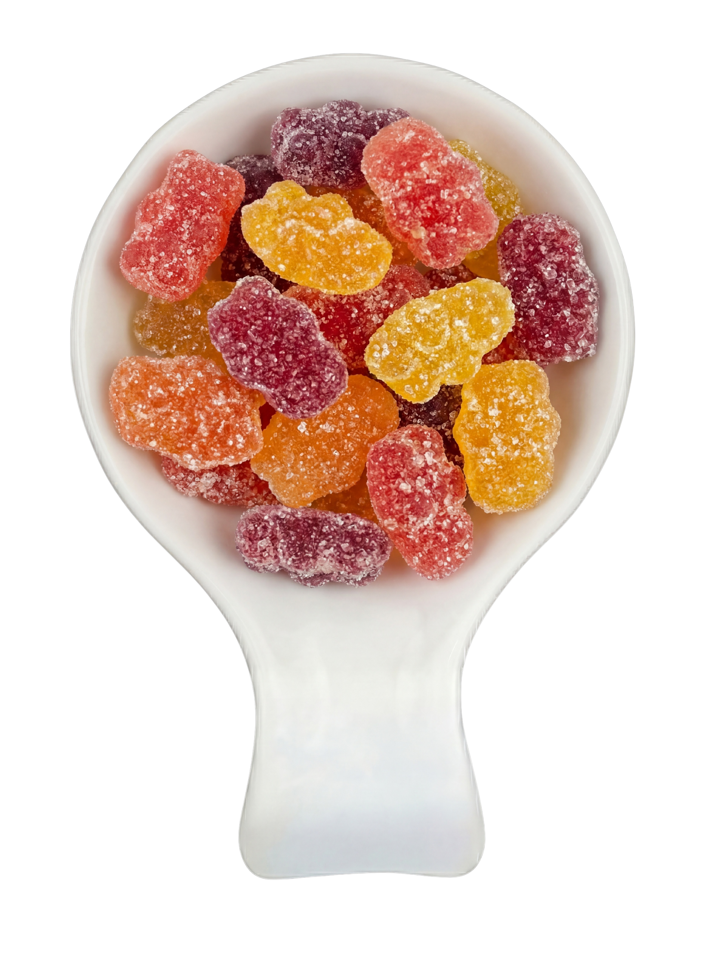A white spoon filled with colorful, sugar-coated sour gummy candies in various shapes and colors, including red, yellow, orange, and purple, against a black background.