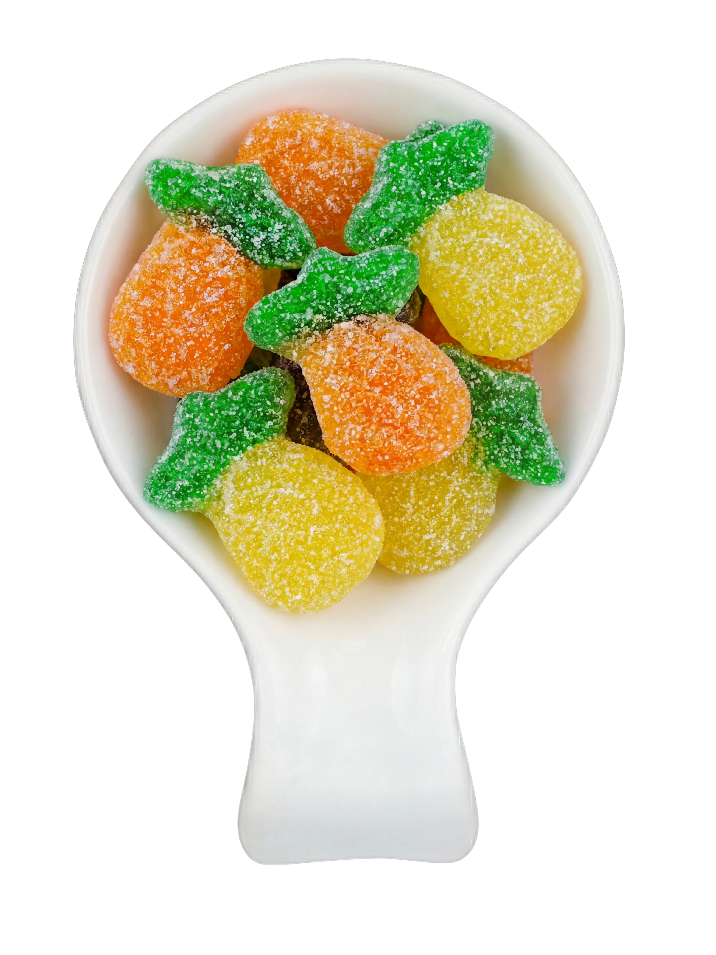 Close-up of sugar-coated fruit-shaped gummy candies in a white spoon on a black background.