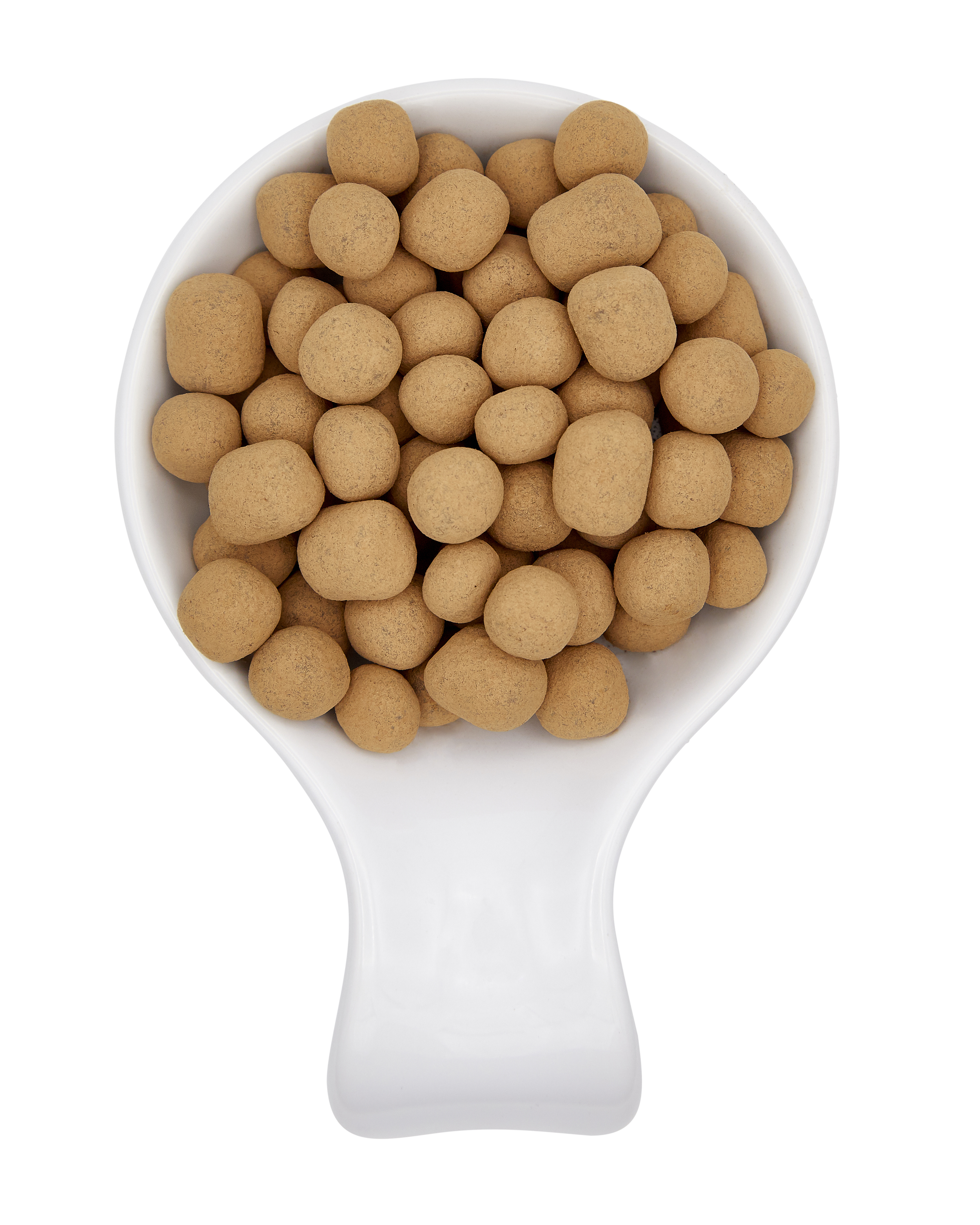 Close-up of a white scoop filled with small, round, brown herbal medicine pellets on a black background.