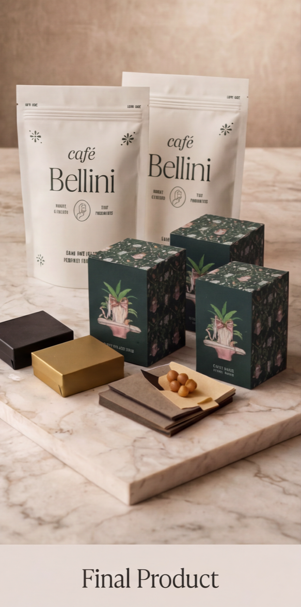 Coffee packaging, decorative boxes, and small caramel balls arranged on a marble surface, with a label reading 'Final Product' at the bottom.