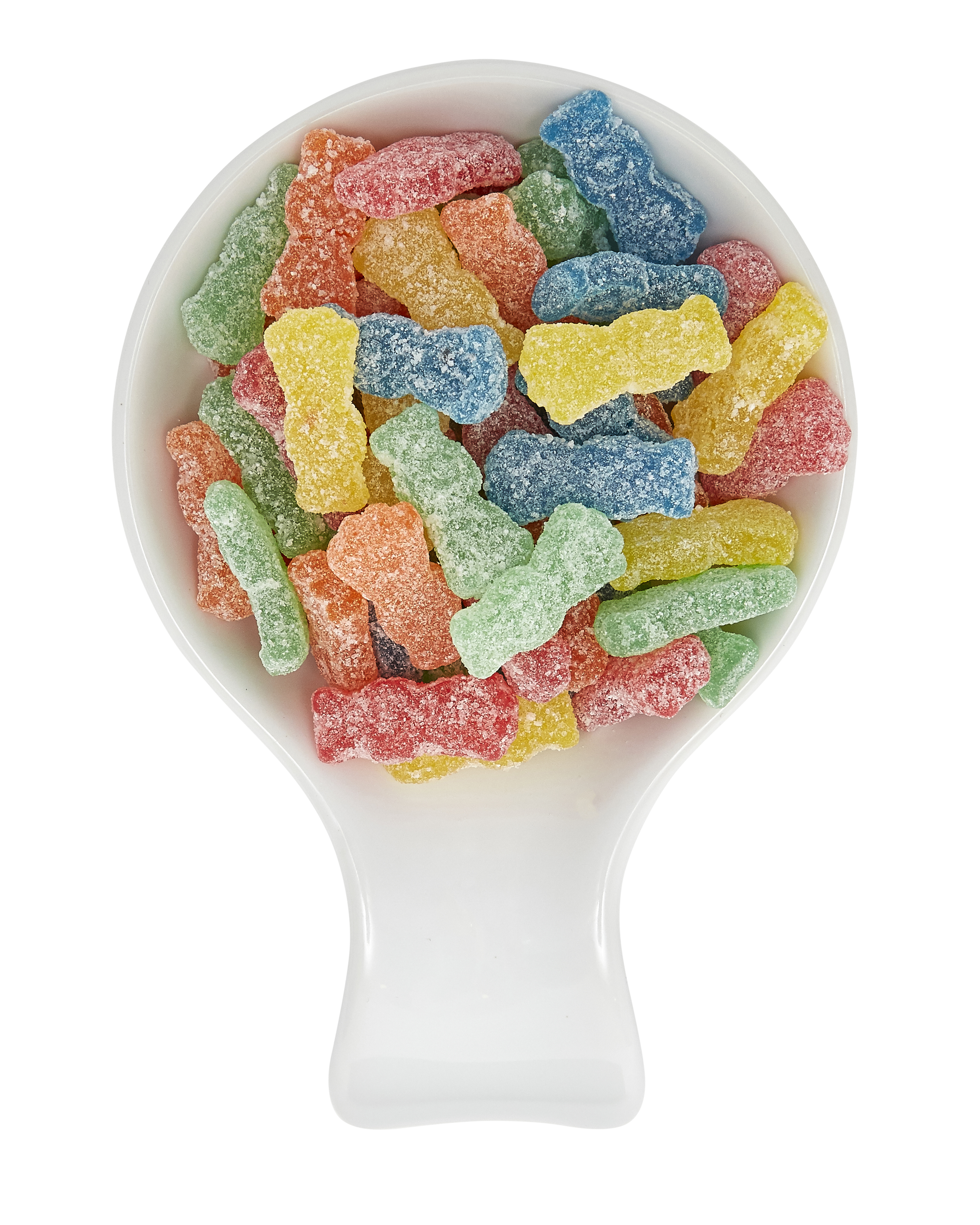 Colorful sour gummy worms in a white plastic spoon.