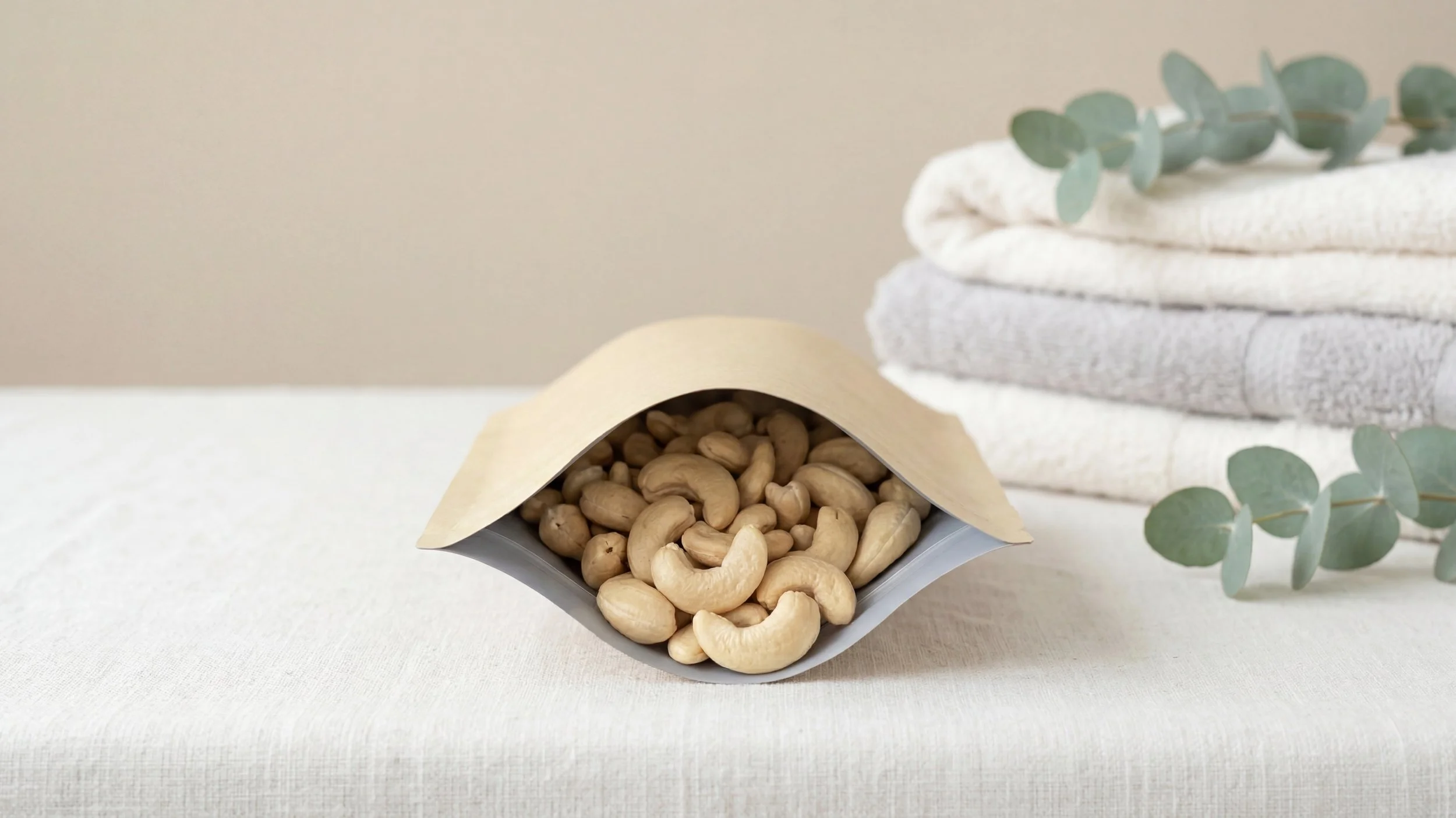 Cashews in a kraft paper bag on a white textured surface with folded towels and eucalyptus leaves in the background.