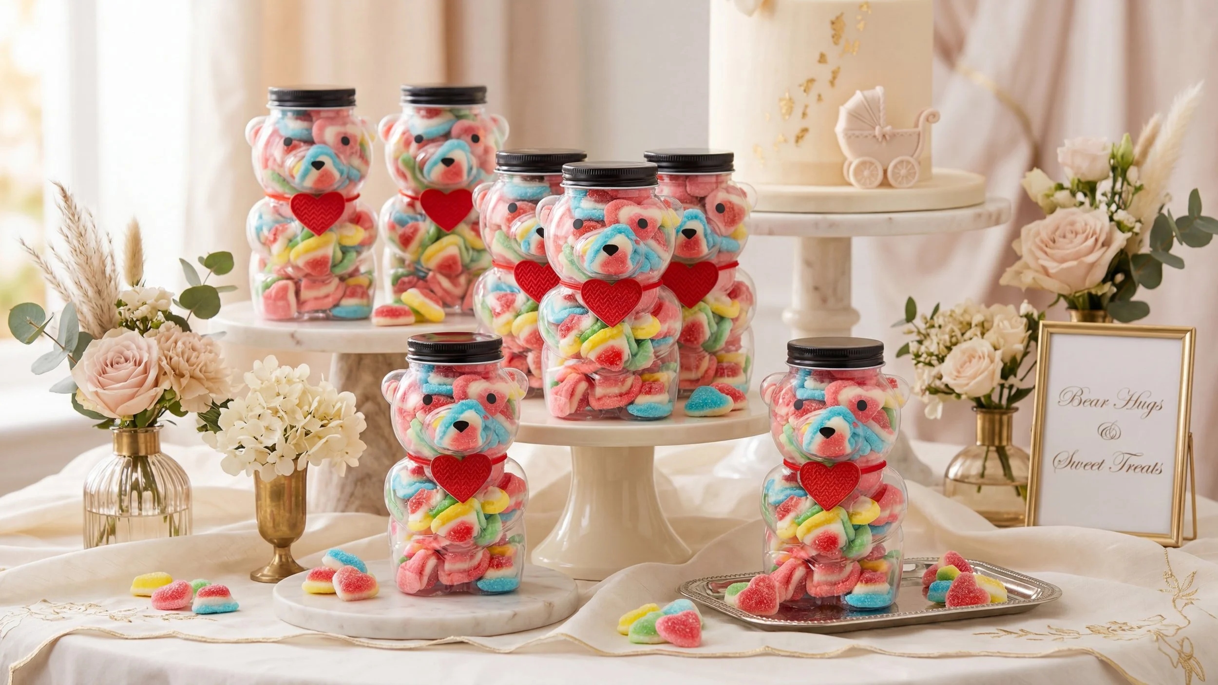 Clear jars filled with colorful gummy bear candies, decorated with red heart-shaped labels, arranged on a marble table with white and pink flowers, a gold frame sign, and decorative items in a soft, elegant setting.