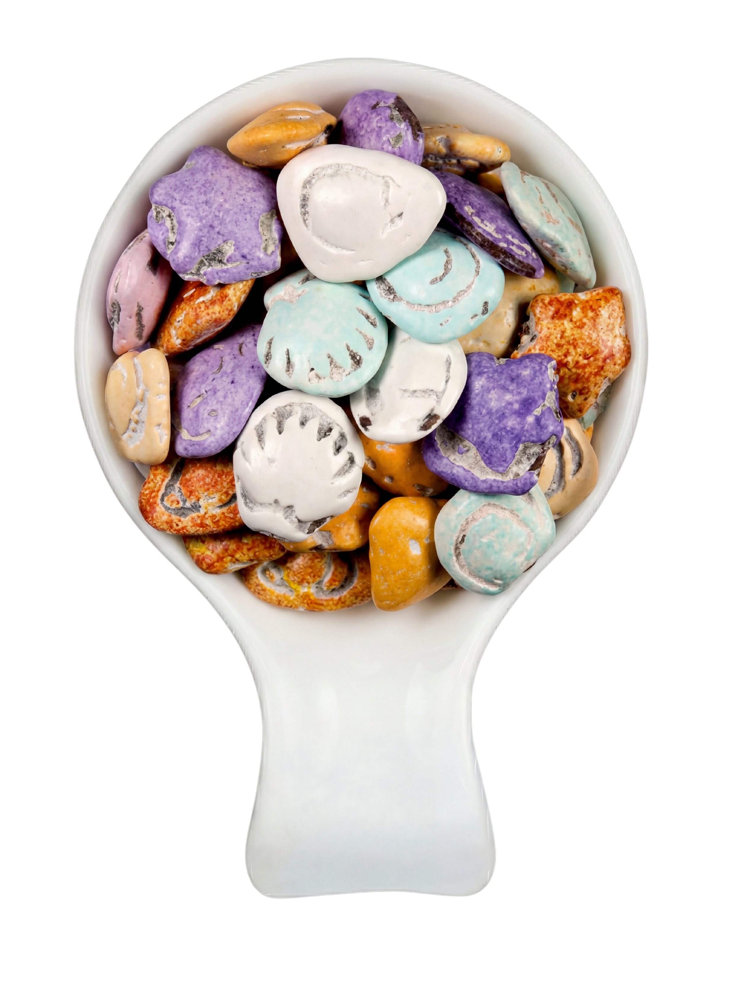 A white spoon filled with assorted colorful candies, including purple, white, light blue, orange, and pink candies with various textures and coatings.
