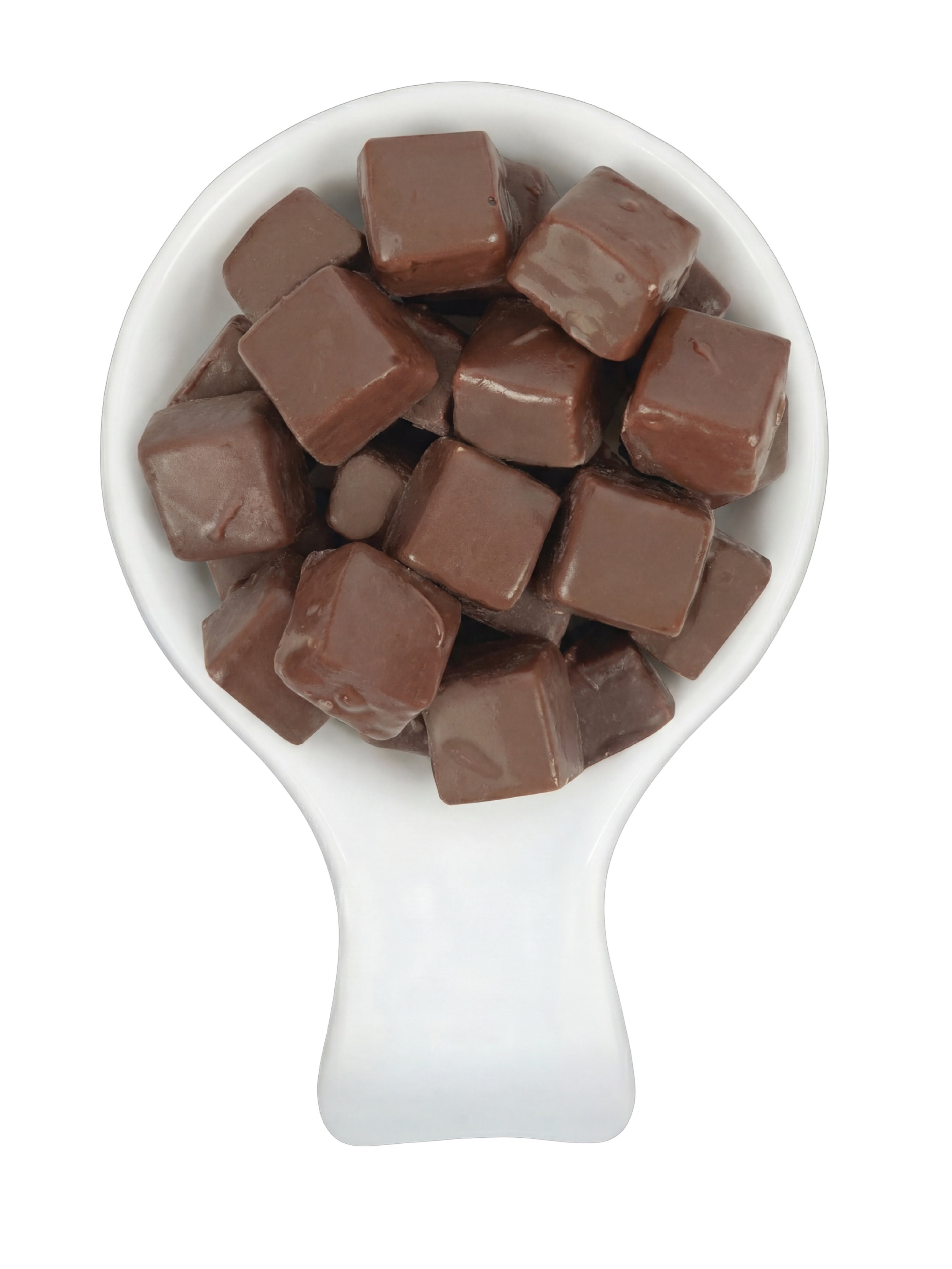 Close-up of a white spoon filled with chocolate fudge cubes against a black background.