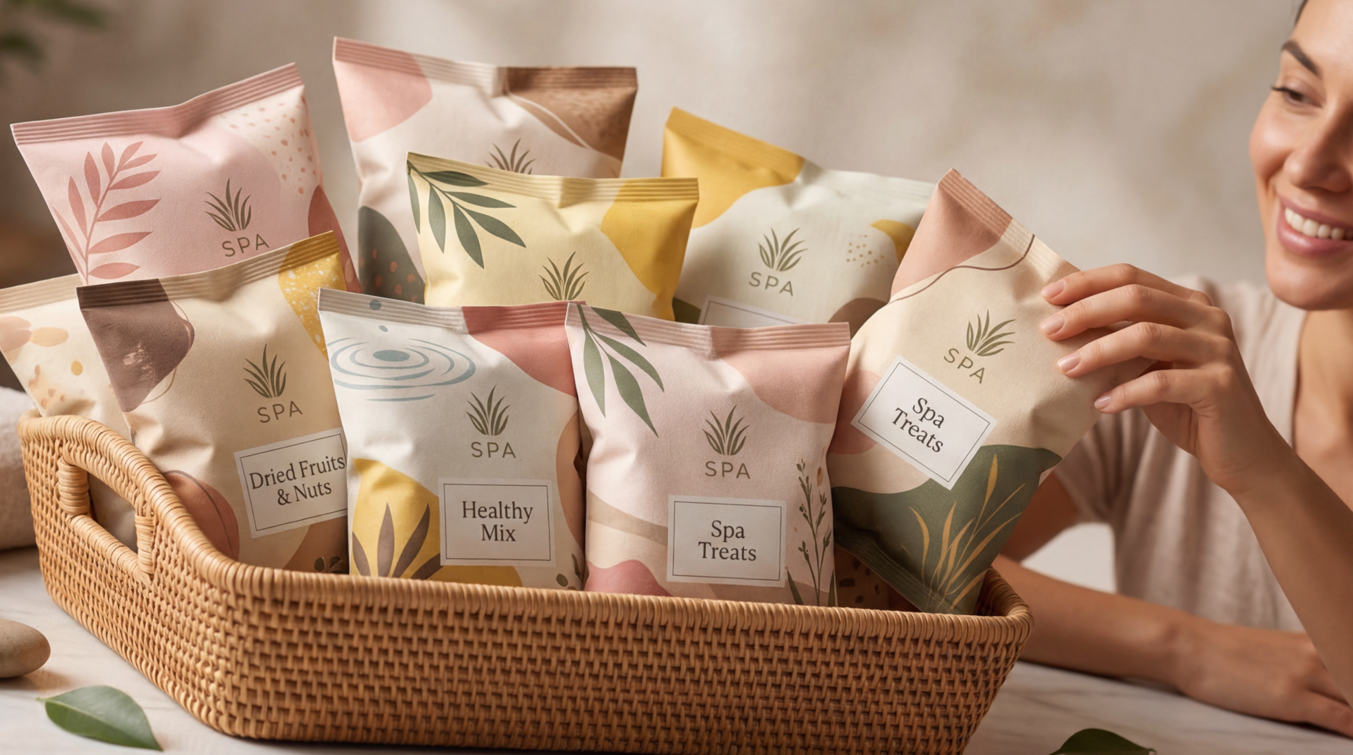 A woman smiling while reaching into a wicker basket filled with pastel-colored spa treat packages labeled 'Dried Fruits & Nuts,' 'Healthy Mix,' and 'Spa Treats,' with some packages visible in the background.